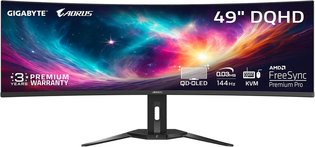 GIGABYTE - AORUS CO49DQ - 49' QD OLED - 5120x1440 DQHD 32:9-1800R - 144Hz - 0.03ms GTG - AMD FreeSync Premium Pro - Super Ultrawide - KVM - HDMI, DP, Type C - Height Adjustable - Black