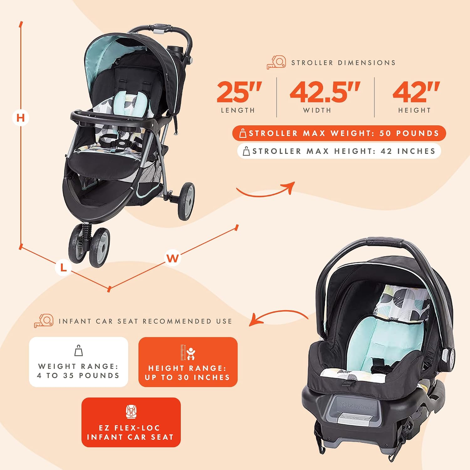 Baby Trend EZ Ride 35 Travel System, Stroller and Infant Car Seat Combo, Doodle Dots - Lightweight and Foldable Compact Design with One Hand Fold and Adjustable Handle