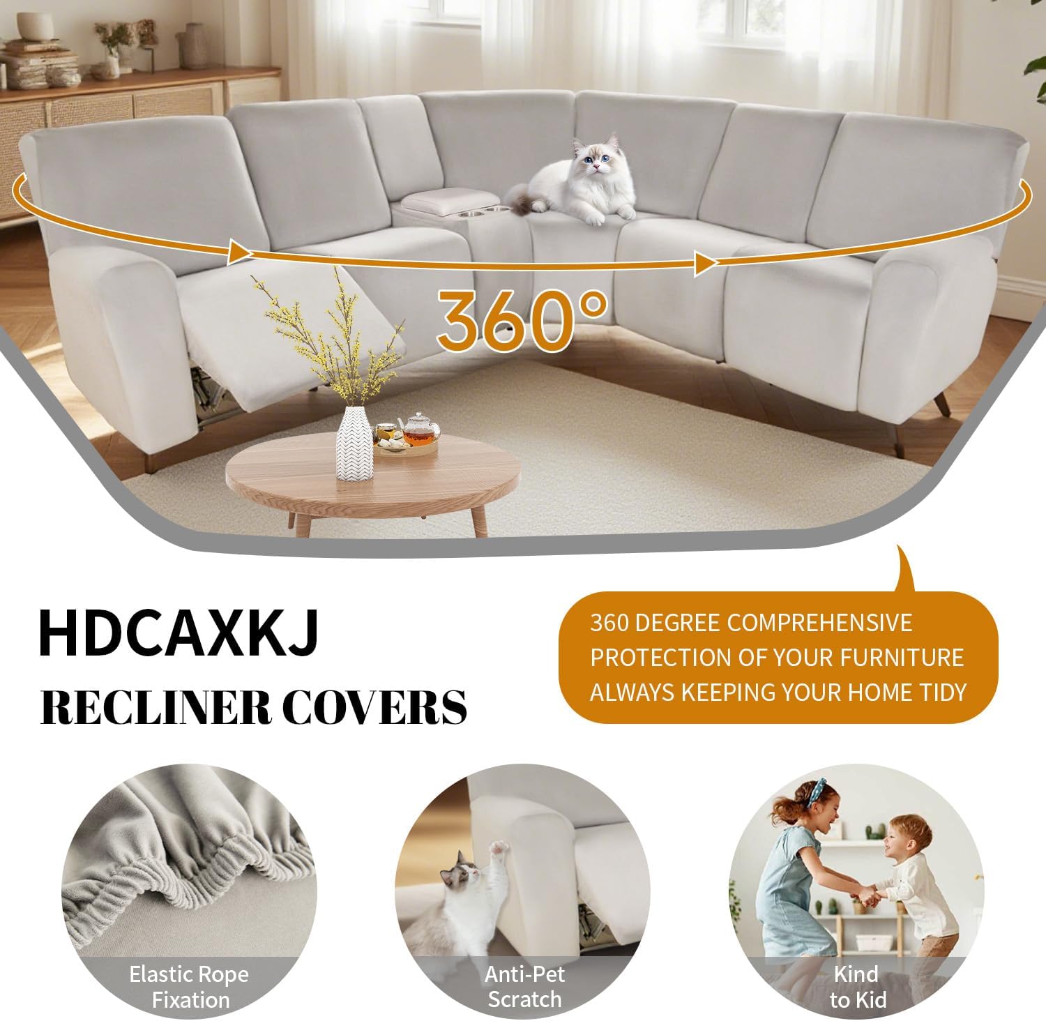 HDCAXKJ Reclining Sectional Couch Covers Velvet L Shaped Sectional Sofa Cover Washable Stretch Soft Corner Recliner Slipcover with Non-Slip Elastic Bottom (5 Seat Recliner Couch, Air Gray)
