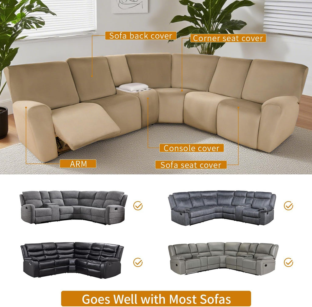HDCAXKJ Reclining Sectional Couch Covers Velvet L Shaped Sectional Sofa Cover Washable Stretch Soft Corner Recliner Slipcover with Non-Slip Elastic Bottom (5 Seat and 2 Middle Console, Camel)