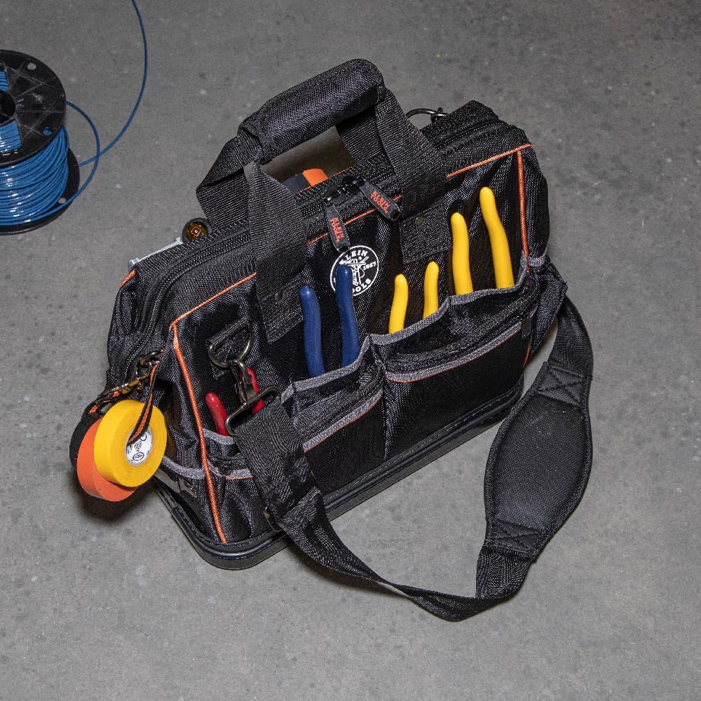 Klein Tools 55431 Tool Bag with Molded Bottom, Padded Shoulder Strap and Lighted Tool Storage with 31 Pockets