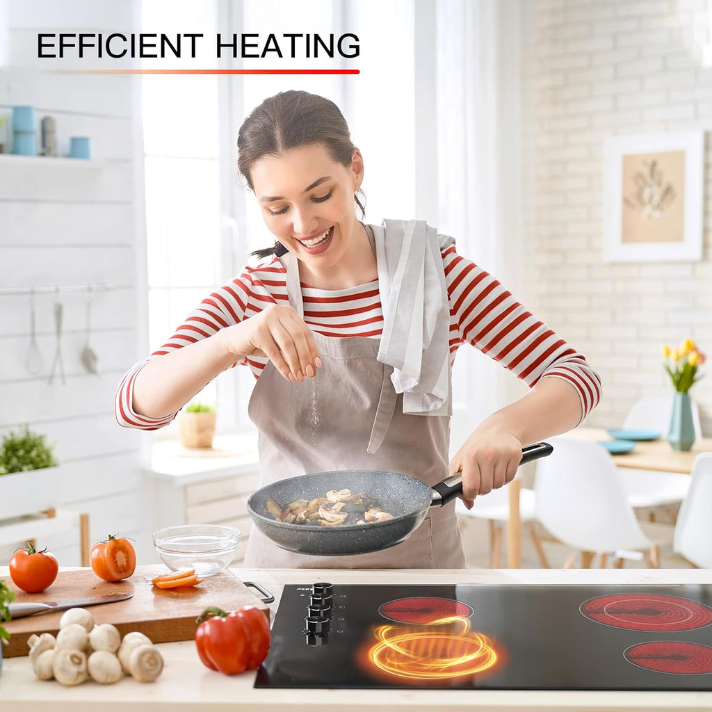 IsEasy 30-Inch Electric Cooktop, 4 Burners Built-In Ceramic Stove, Black Satin Glass with Knob Controls, 11 Power Levels/Timer/Child Safety Lock, 220-240V, 6700W