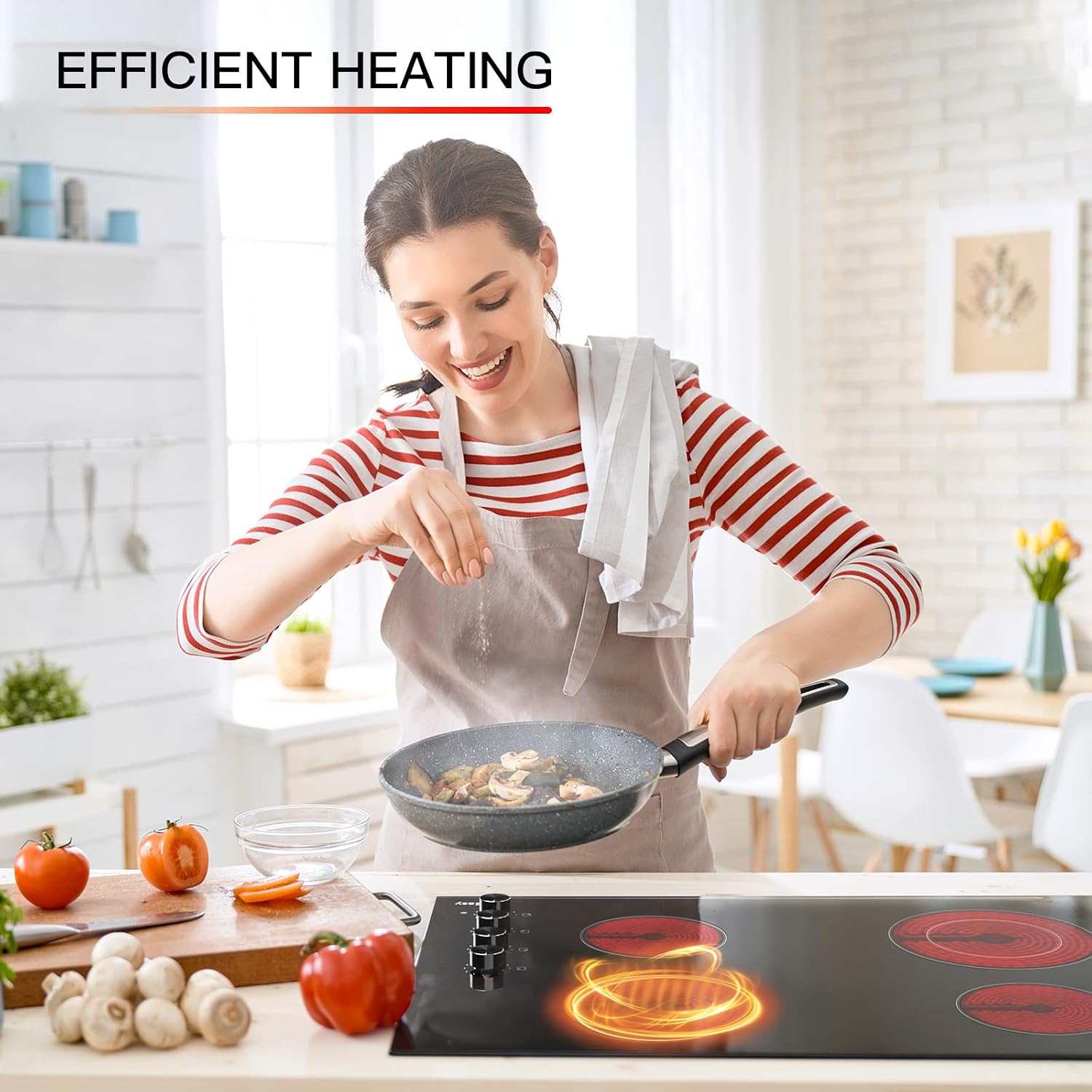 IsEasy 30-Inch Electric Cooktop, 4 Burners Built-In Ceramic Stove, Black Satin Glass with Knob Controls, 11 Power Levels/Timer/Child Safety Lock, 220-240V, 6700W