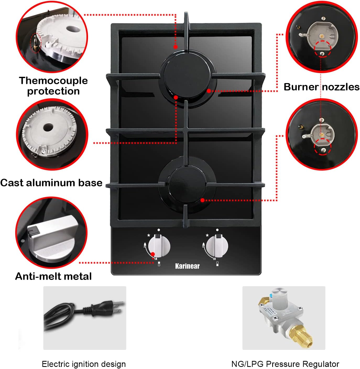 Karinear Gas Cooktop 2 Burner Propane Cooktop, 12 Inch LPG/NG Dual Fuel Gas Stove Top, Built-in Tempered Glass Gas Cooktop for Apartment, Indoor, RV