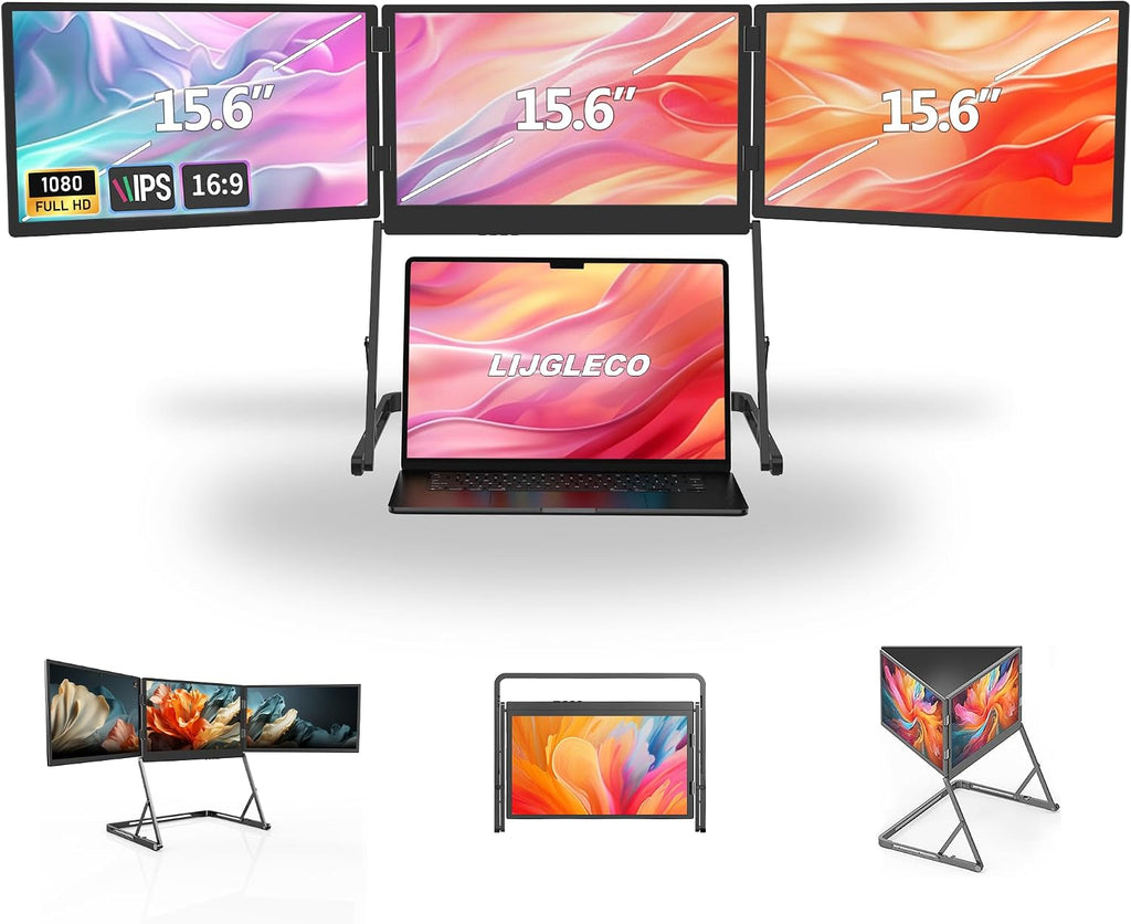 15.6 Inch Laptop Screen Extender, Triple Monitor for 11-18 Inch Laptops, FHD 1080P IPS Foldable Display with 360° Rotation, USB-C (DP Alt Mode) and HDMI for Windows and Mac