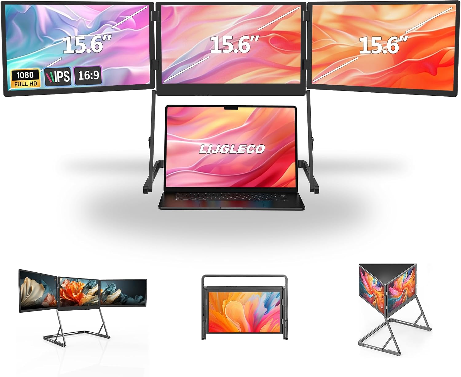 15.6 Inch Laptop Screen Extender, Triple Monitor for 11-18 Inch Laptops, FHD 1080P IPS Foldable Display with 360° Rotation, USB-C (DP Alt Mode) and HDMI for Windows and Mac