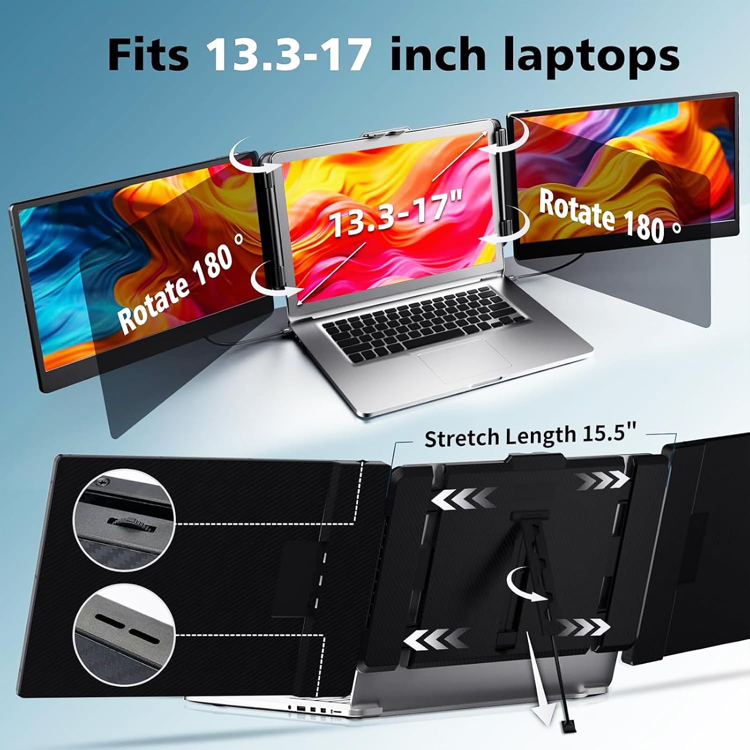 ROYY Laptop Screen Extender Double Monitor - 14' 1080P Portable Monitor FHD Attachment Extra Screen Compatible with Windows Mac Dex Chrome Travel Work Fits 13-17' Laptops