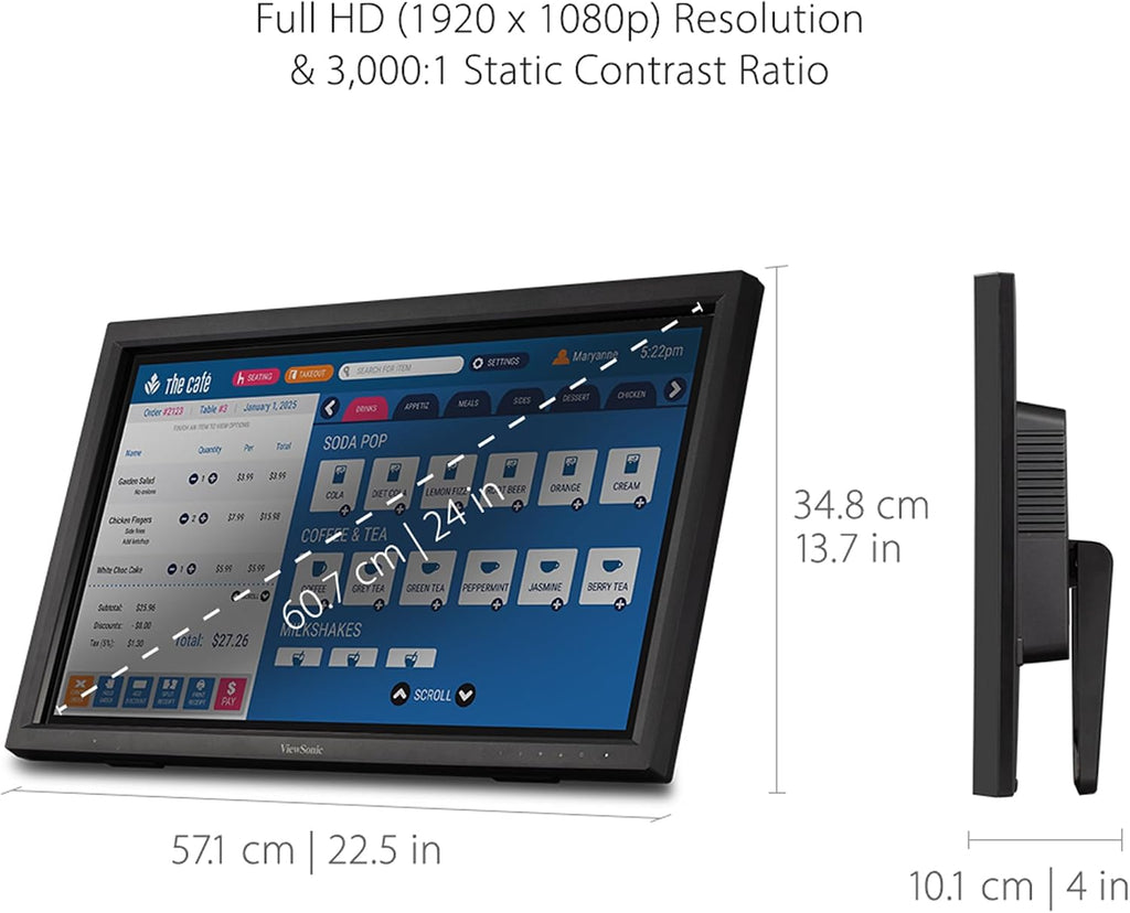 ViewSonic TD2423D 24 Inch 1080p Touch Screen Monitor, 10-Point Multi IR Touch for Retail POS and Kiosk, 7H Scratch-Resistant Glass, Eye Care, 100x100mm VESA Compatible, HDMI, VGA, DisplayPort, USB Hub