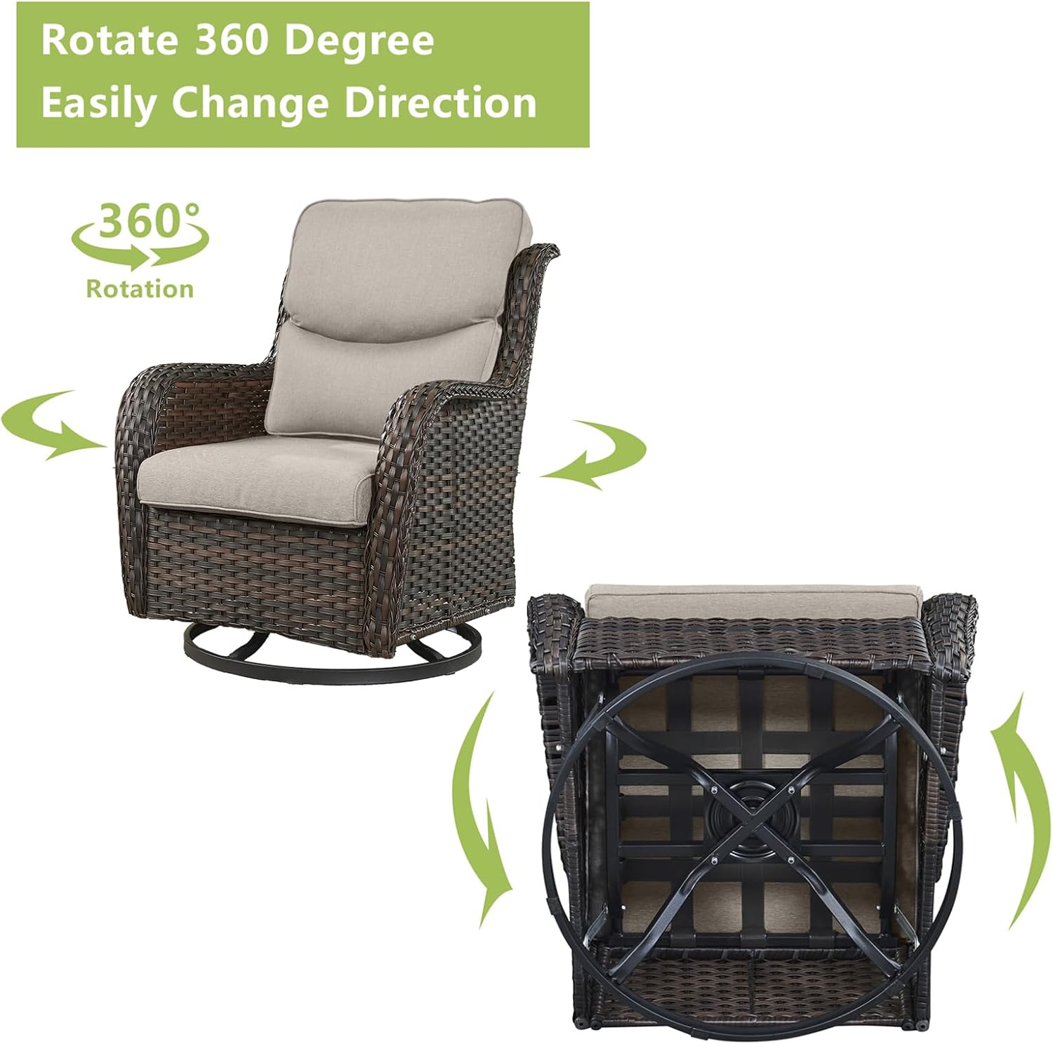 Rilyson Wicker Rocking Chair Swivel Chairs - 2 Piece Rocker Patio Chairs Set Rattan Rocking Chair for Outdoor Porch Deck Garden Backyard (Brown/Beige/Smile)