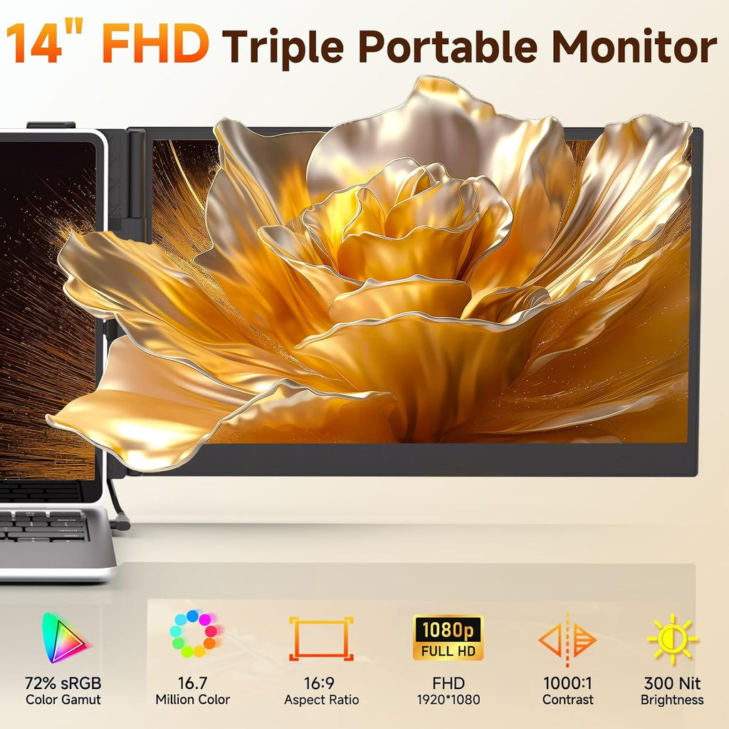 ROYY 14' Double Laptop Screen Extender, 0.18' Ultra-Thin Portable Monitor, FHD 1080P Dual Computer Screen, Plug & Play USB-C/HDMI/H5, Travel Monitor Compatible with Windows, Mac, Android, Switch, PS5