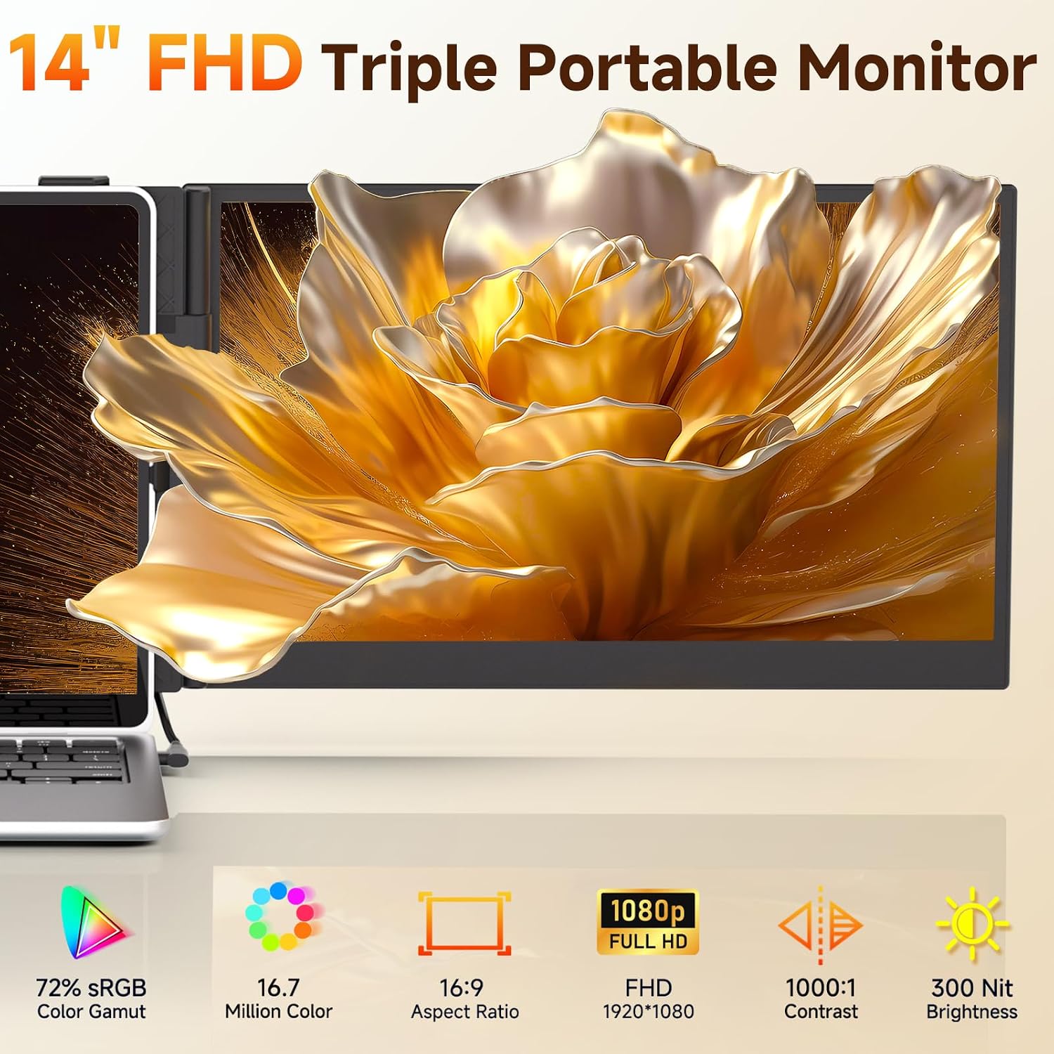 ROYY 14' Double Laptop Screen Extender, 0.18' Ultra-Thin Portable Monitor, FHD 1080P Dual Computer Screen, Plug & Play USB-C/HDMI/H5, Travel Monitor Compatible with Windows, Mac, Android, Switch, PS5