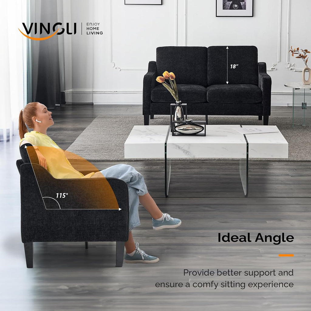 VINGLI Mid-Century Modern Loveseat Sofa Couch, Living Room 53' Love Seat 2 Seater Upholstered Comfy Couches with Scooped Armrest for Small Spaces, Dorm, Bedroom, Apartment, Office (Black)