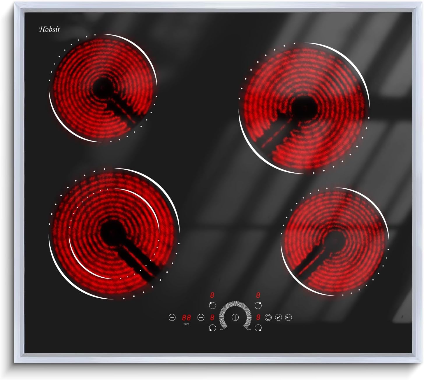 Hobsir 24 inch Electric Cooktop 6200W, 4 Burner Electric Stove Top, Built-in Circular Slide Ceramic Stove with Glass Metal Frame, Timer, Safety Lock, 220V-240V Burner Hard Wire (No Plug)