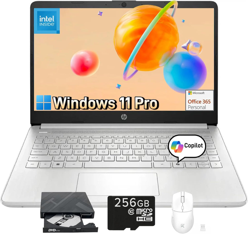 HP 2025 14' Small Laptop Computer - HD Thin & Light Laptop • Intel 4-Core N150 • Windows 11 Pro • 1-Year Free Microsoft Office 365 • Bluetooth • Wi-Fi• 16GB RAM • 128GB UFS + 256GB Micro SD Card