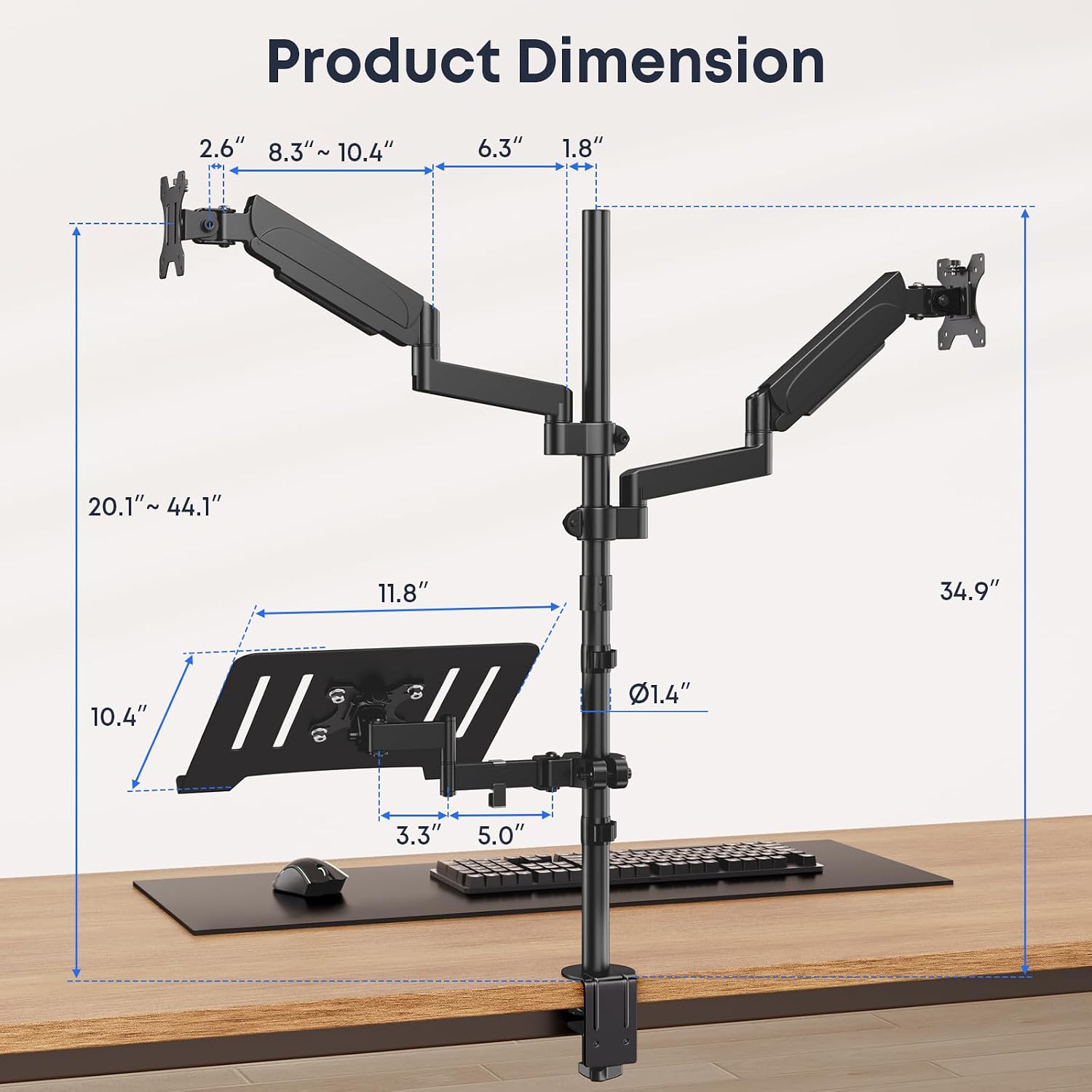 Dual Monitor and Laptop Mount Stand with Extra Long Pole, Holds 2 Monitors up to 32 Inch 19.8 lbs Each and 10-17 Inch Laptop, Full Motion Adjustable Desk Mount with C Clamp