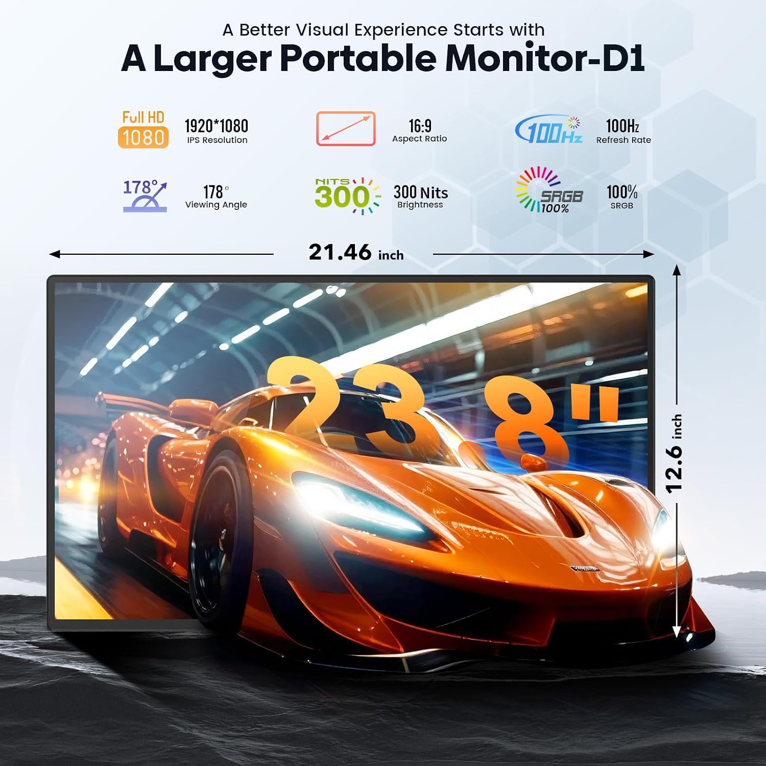 24' Large Portable Monitor Laptop Screen Extender 1080P FHD 100HZ IPS, Travel Monitor for Work Home Gaming, Landscape & Portrait Display, Compatible with Wins/Mac/Linux & MINI PC/PS5/Smart Phone