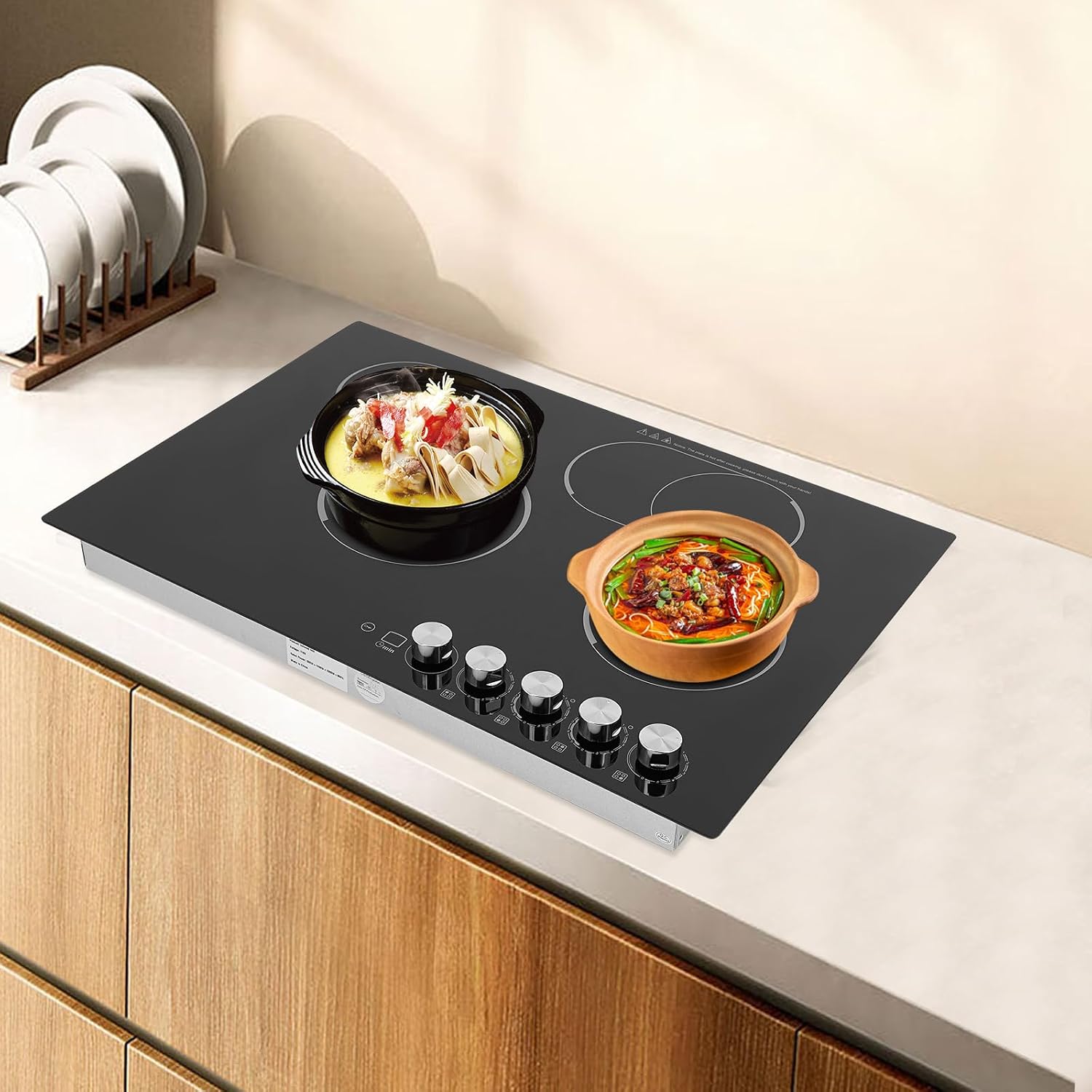 30'' Electric Cooktop with 4 Burners, 1200W Electric Stove with Adjustable Timer&Safe Lock, Top Built-In Cooktop with 5 Heating Level, Lockable Knob Control, No Plug, 110V