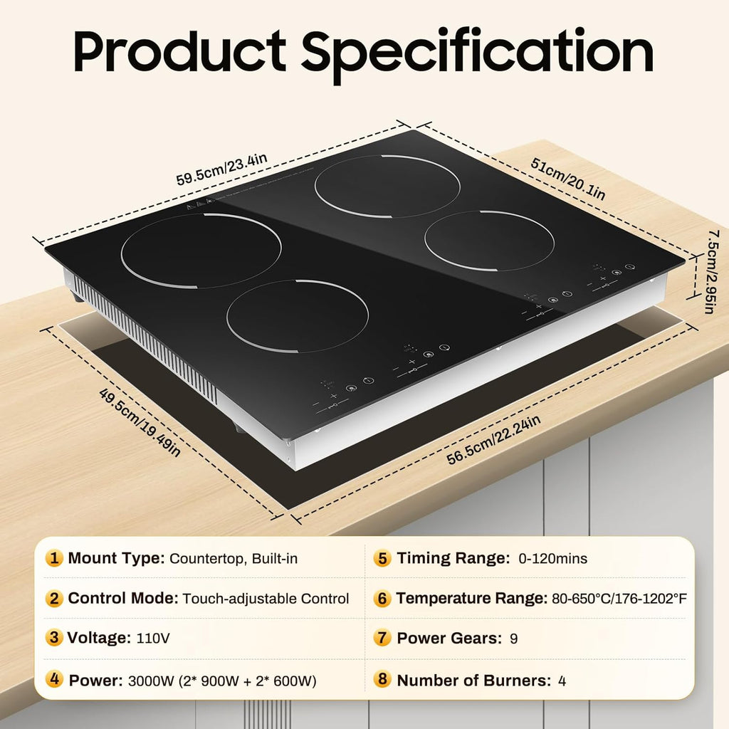 4 Burners Electric Ceramic Cooktop,110V Electric Stove Top Built-in Touch Control, 3000W 9 Heating Level Stove Countertop & Drop-in Cooktop W/Kid Safety Lock (No Plug)