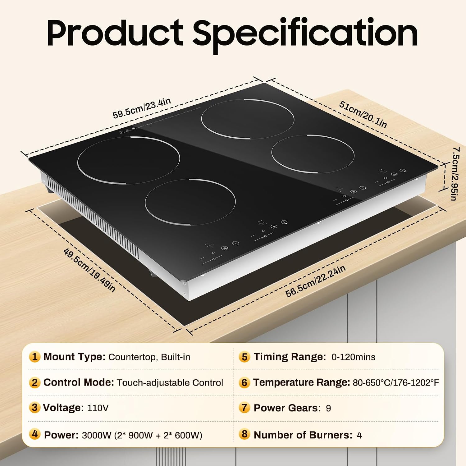 4 Burners Electric Cooktop, 110v 3000W Ceramic Cooktop, 24 Inch Countertop & Built-in Electric Stove Top with Child Safety Lock, Timer, Over-Temperature Protection, Sensor Touch Control