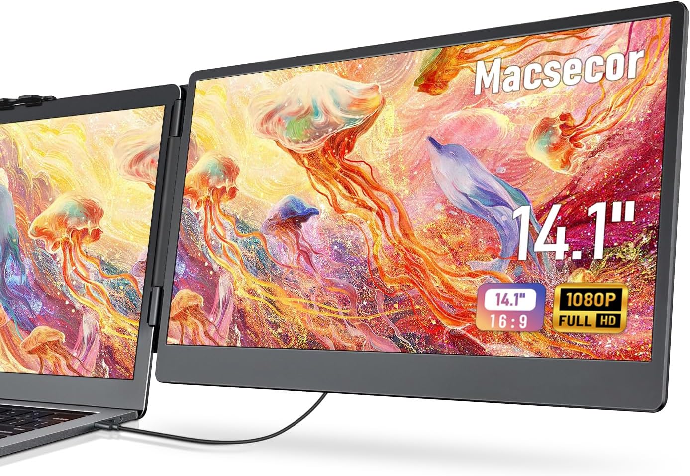 Macsecor 14.1'' Laptop Screen Extender, 1080P FHD IPS Portable Dual Monitor for Laptop, USB C HDMI Plug-Play Monitor Extender for Triple Display for MacOS/Windows, Fits 13-17.3' Laptops
