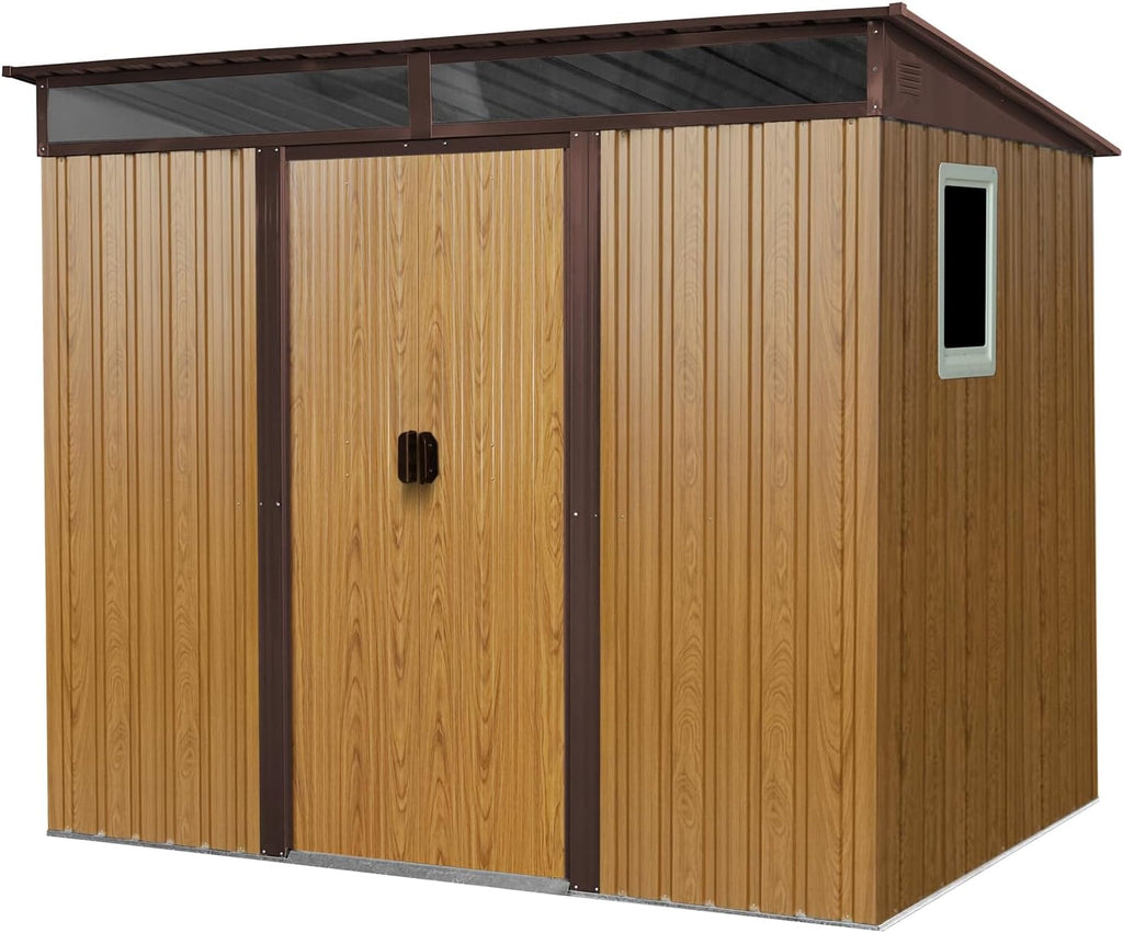 6x8 FT Outdoor Storage Shed, Metal Garden Shed with Frame Floor, Outside Tool Shed with Window, Waterproof Storage Building with Lockable Sliding Doors & Sloped Roof for Backyard, Patio, Lawn, Coffee