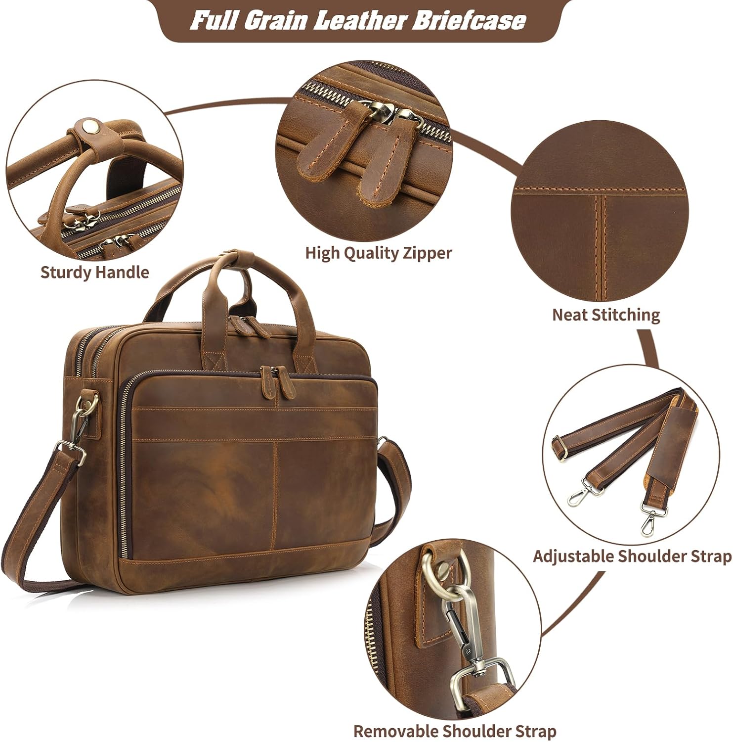 Jack&Chris Full Grain Leather Briefcase for Men, Business Messenger Bag Laptop Bag Attache Case, Fits 15.6 Inch Laptop