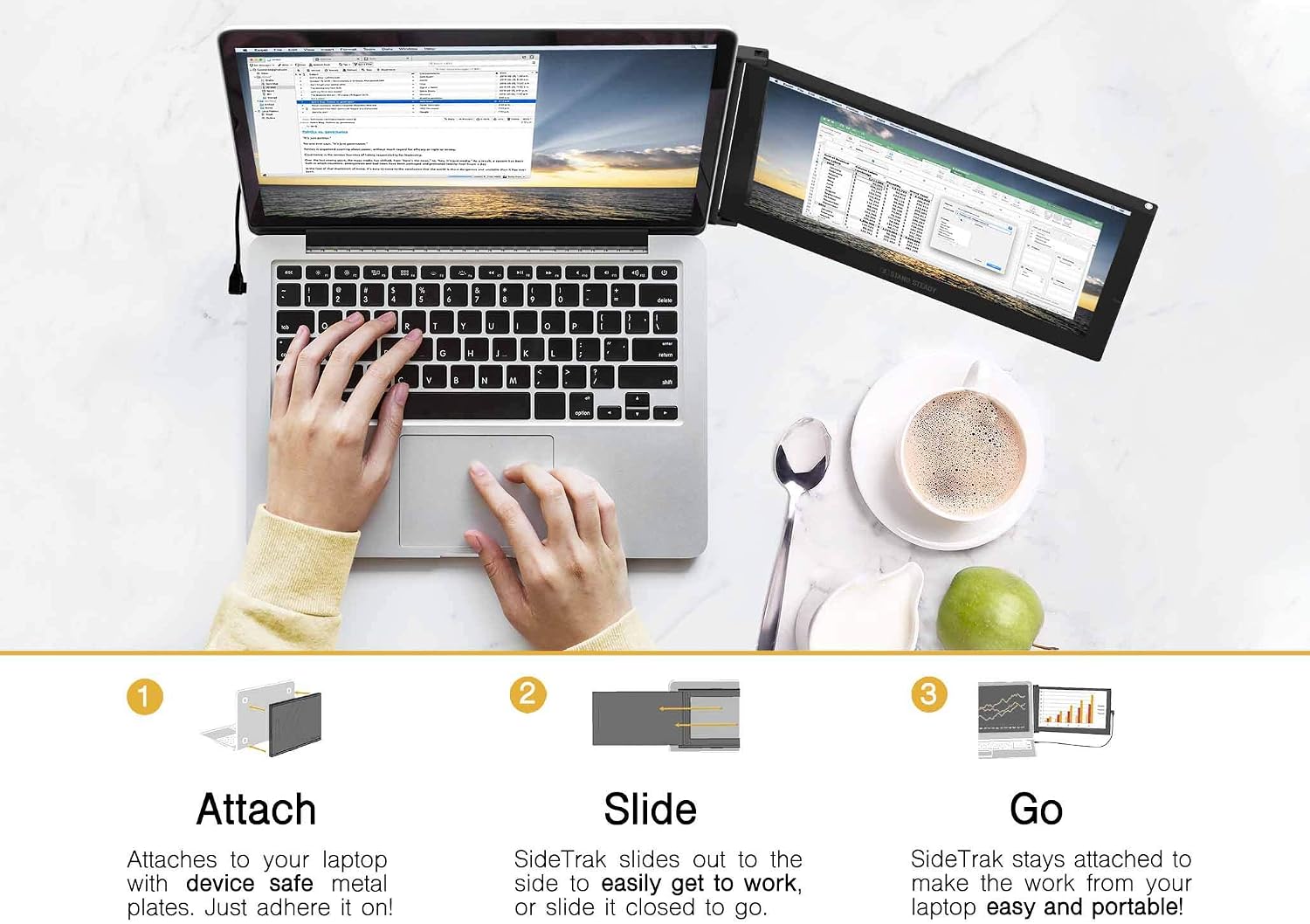SideTrak Slide Portable Monitor for Laptop 12.5' FHD 1080P IPS Attachable Laptop Screen | Efficient USB Power | Compatible with Mac & Chrome 13' -17' Laptops (Patent Pending) | Black