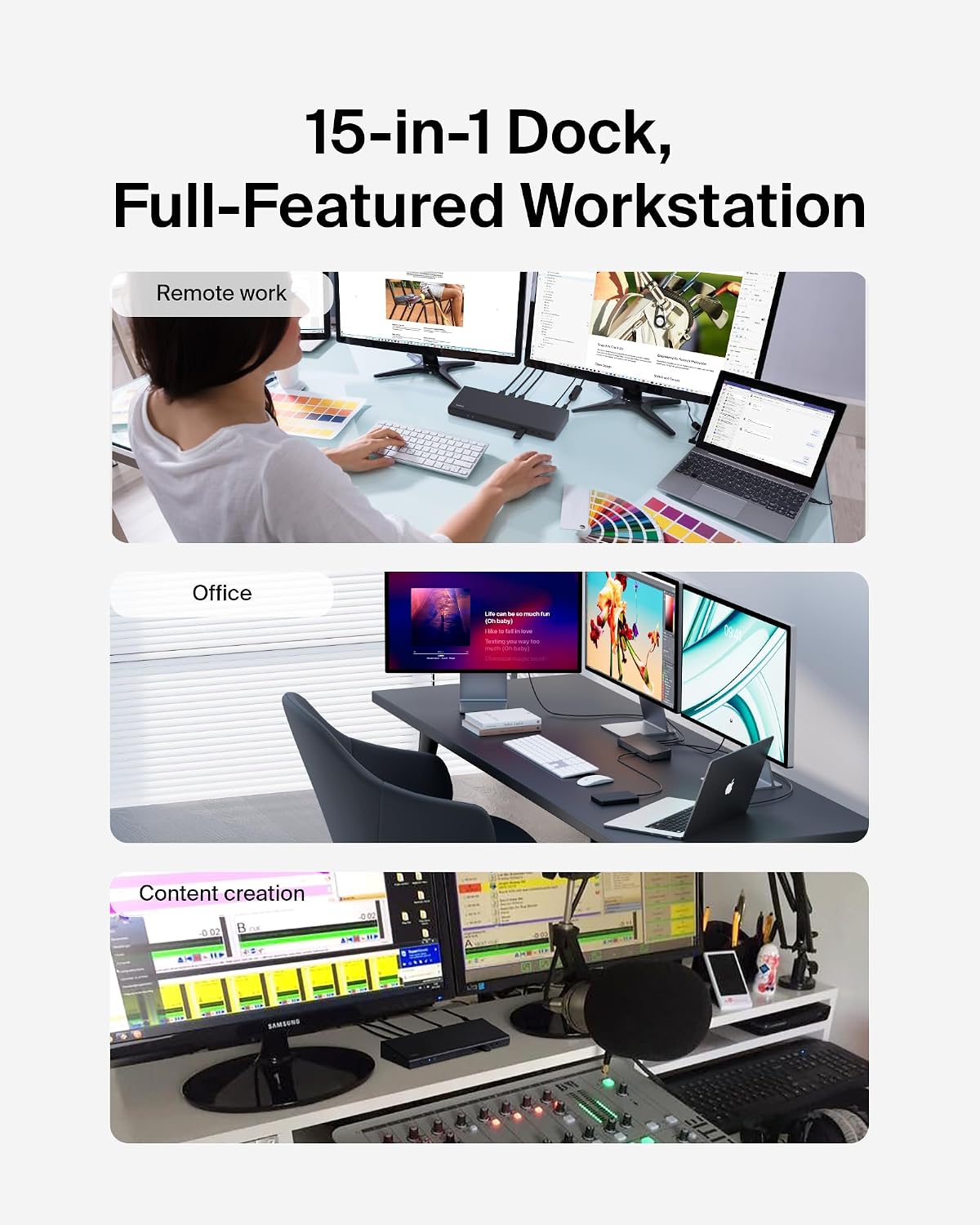 Belkin 15-in-1 Universal Triple Display DisplayLink Docking Station Hub w/ 3 HDMI Ports, 2 DisplayPorts for Triple 4K Display w/ 85W PD, 3.5mm Mic/Speaker, 1 USB-C, & 5 USB-A Ports, Black