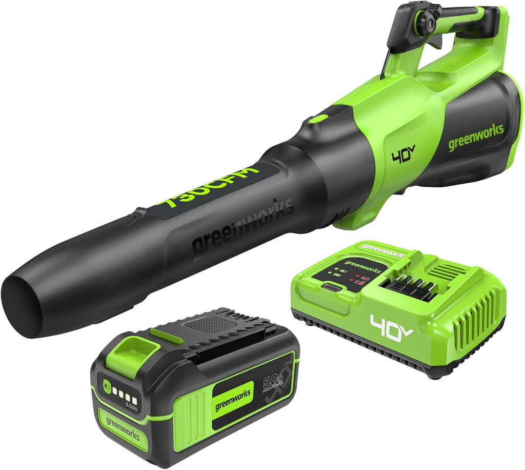 Greenworks 40V (730 CFM / 190 MPH) Cordless Leaf Blower with High Power Brushless Motor, Lightweight Backyard Cleaner for Fast Debris Removal, Includes 5.0Ah Battery & 5A Rapid Charger