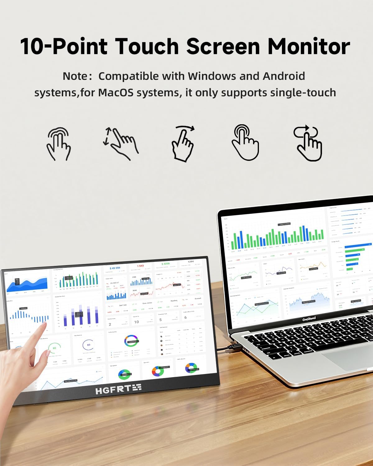 Portable Monitor Touchscreen 15.6', 1920x1080 60Hz FHD IPS HDR 10-Point Touch Screen Monitor with Built-in Stand & Speaker, HDMI USB C VESA External Travel Monitors for Laptop, PC, Mac, Phone