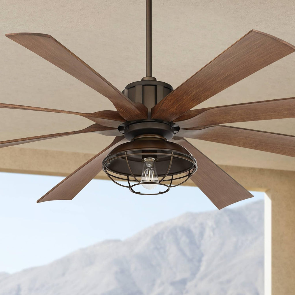 Possini Euro Design 70' Defender Modern Industrial Outdoor Ceiling Fan with LED Light Remote Control Oil Rubbed Bronze Brown Koa Cage Damp Rated for Patio Exterior House Home Porch Gazebo Garage