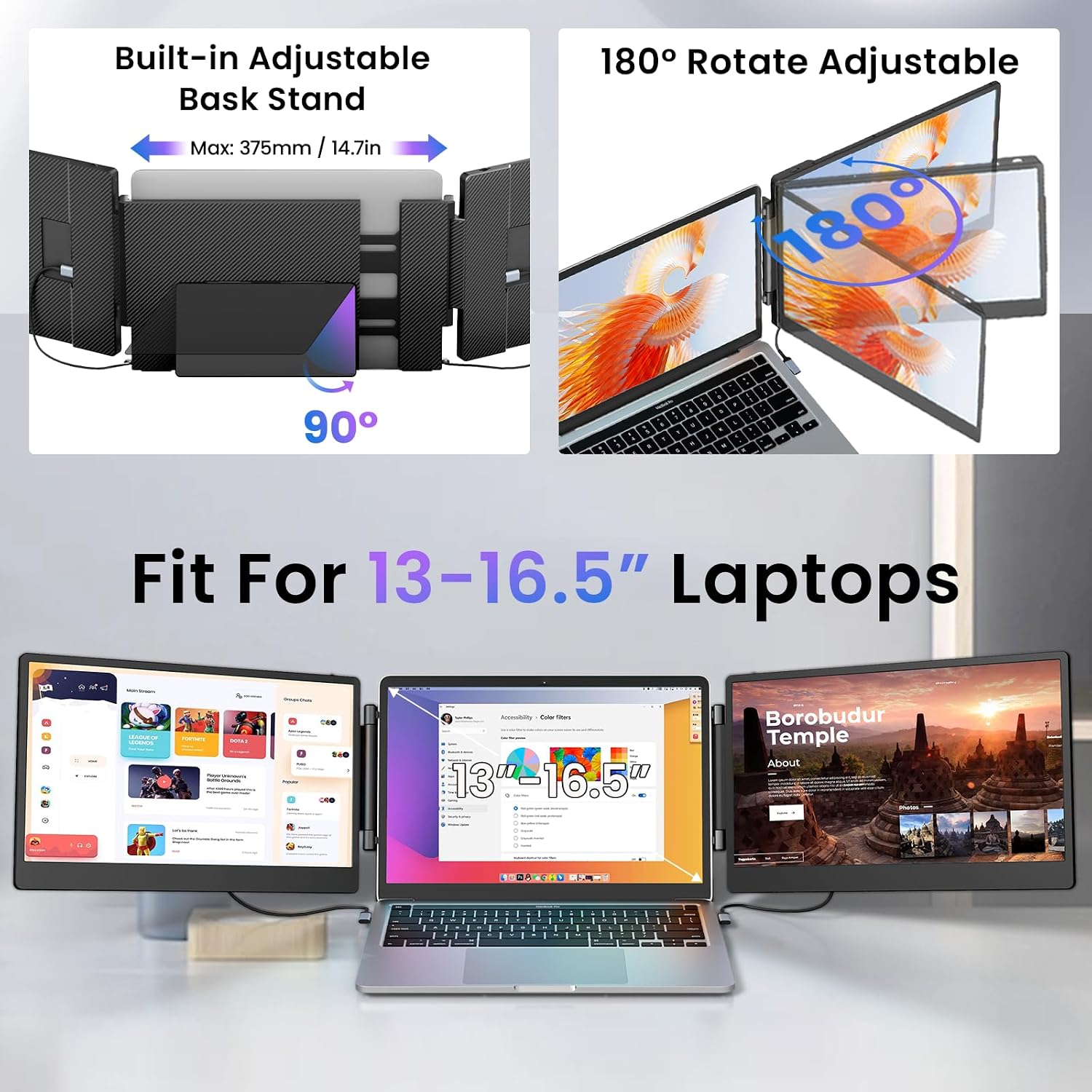 Synnov Laptop Screen Extender, 14' FHD 1080P Triple Portable Monitor for 13'-16.5' Laptop with Stand, Dual Monitors Built-in Speakers, Plug & Play, Monitor Extender for MacOS/Wins/Chrome/Dex
