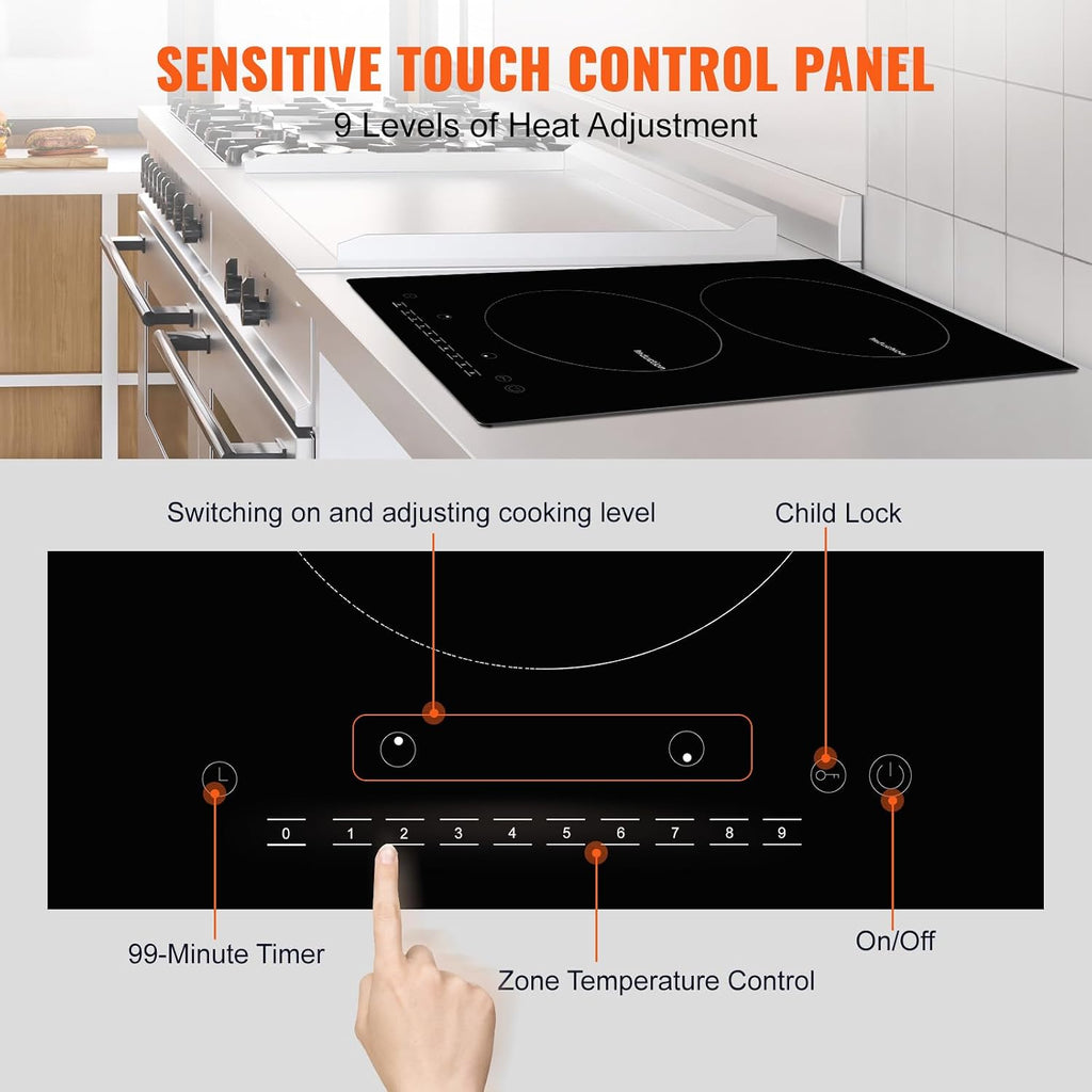 Happybuy Electric Cooktop, 2 Burners, 12'' Induction Stove Top, Built-in Magnetic Cooktop 1800W, 9 Heat Levels, LED Touch Control with Child Lock & Overheat Protection