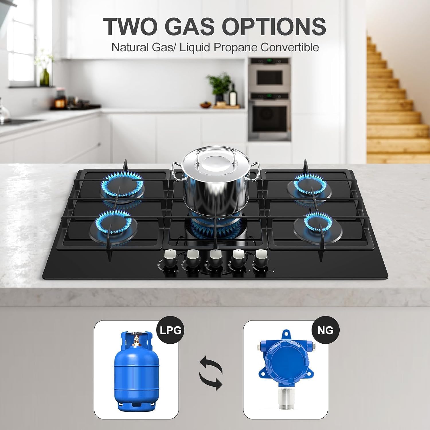 36 Inch Gas Cooktop Propane Stove, 5 Burner Built-in Gas Stove Top with Tempered Glass Panel, NG/LPG Dual Fuel Auto Ignition Propane Cooktop with Thermocouple Protection