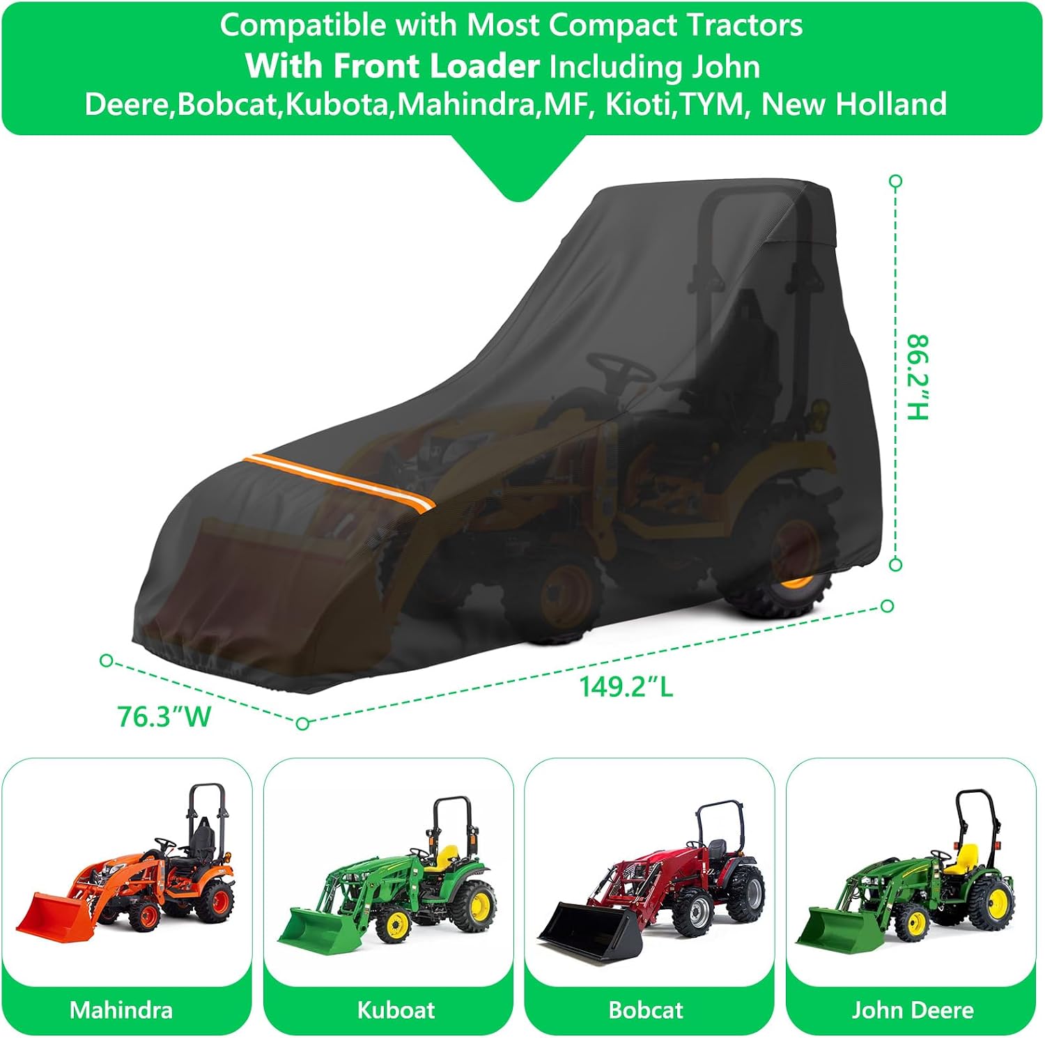 AKEfit Tractor Cover,Tractor Covers Waterproof Heavy Duty,420D Oxford Waterproof, Dustproof, UV Protection Universal Tractor Cover With reflective strip,149.2''Lx76.3''Wx86.2''H