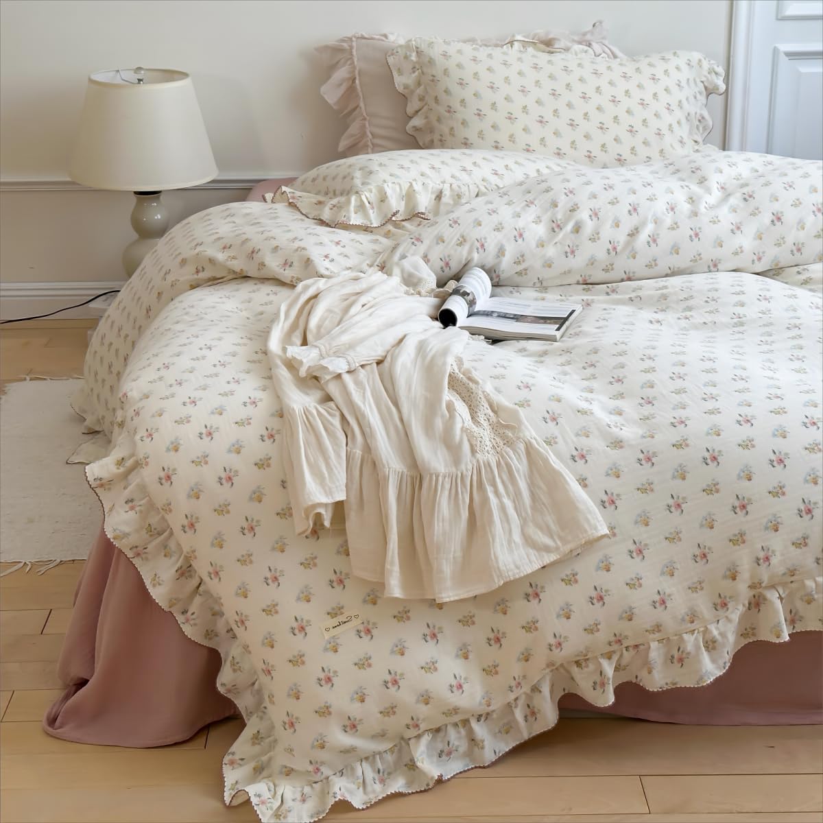BuLuTu Azalea Floral Print Duvet Cover King Size, Chic Shabby Bedding Set 3 Pieces, Cotton Muslin Comforter Cover with Ruffles, Soft Lightweight Quilt Cover King, All Seasons