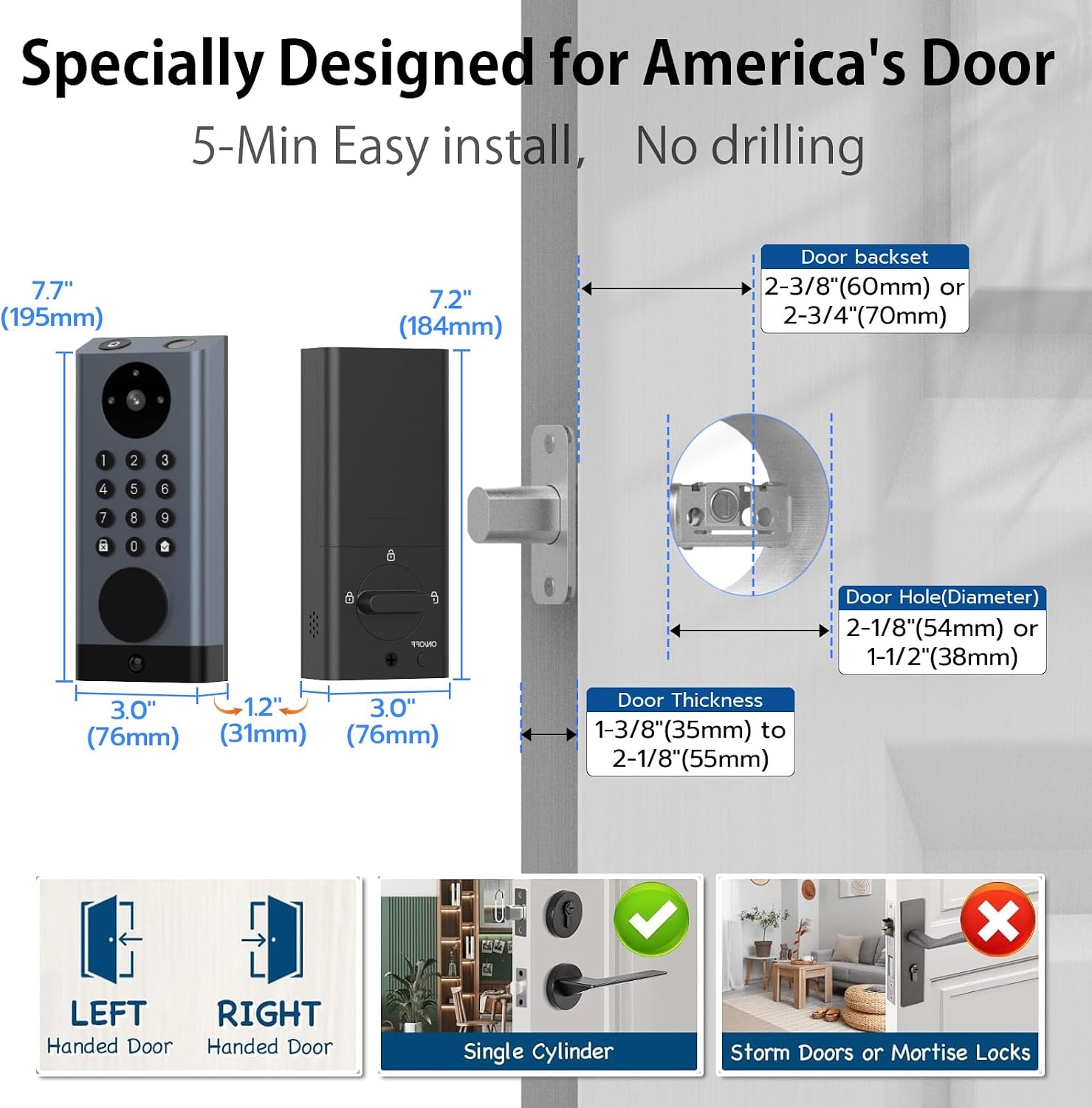 Smart Door Lock with Camera Deadbolt with Video Doorbell PIR Motion Detection Front Door Lock with Fingerprint Keypad Code Long-Lasting Battery Built-in Wi-Fi No hub Required No Drilling