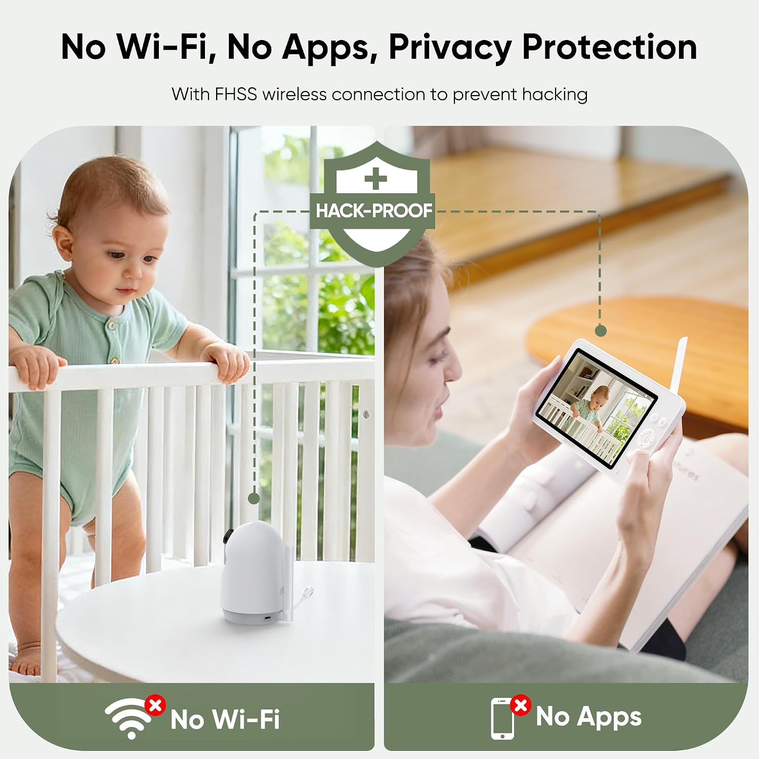 bonoch Upgraded 1080P Baby Monitor with 2 Cameras, 7' MegaView Split Screen Baby Monitor No WiFi, Dual Video Monitor with Camera and Audio, 6000mAh, White Noise, 2 Way Audio, PTZ, Night Vision
