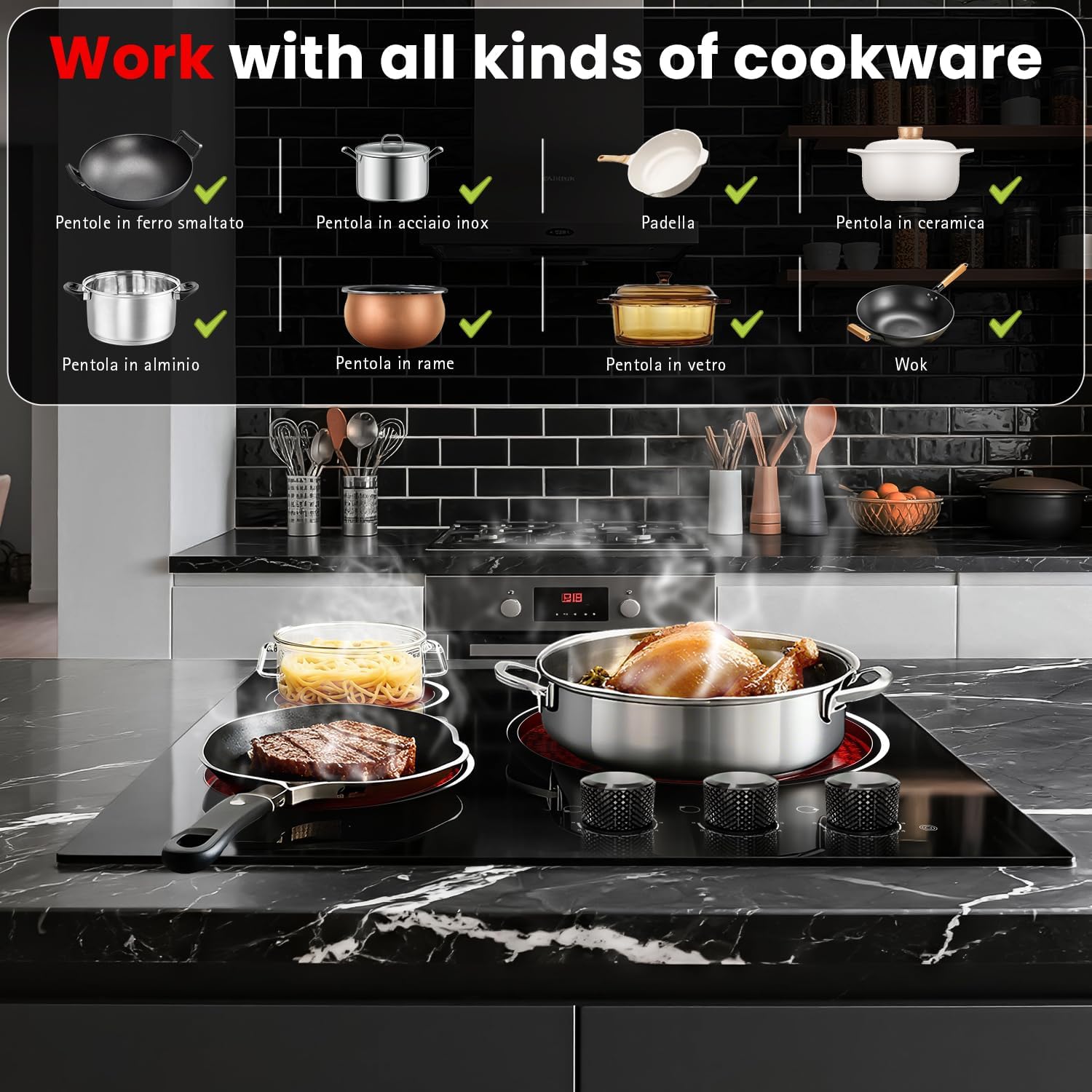 Electric Cooktop 24 Inch - 5700W 3 Burner Electric Stove with Knob Conrol, 220-240V Electrics Stove Top 24'', Built-in, Automatic Shutdown & 9 Heating Levels, Residual Heat Warning, Hard Wire