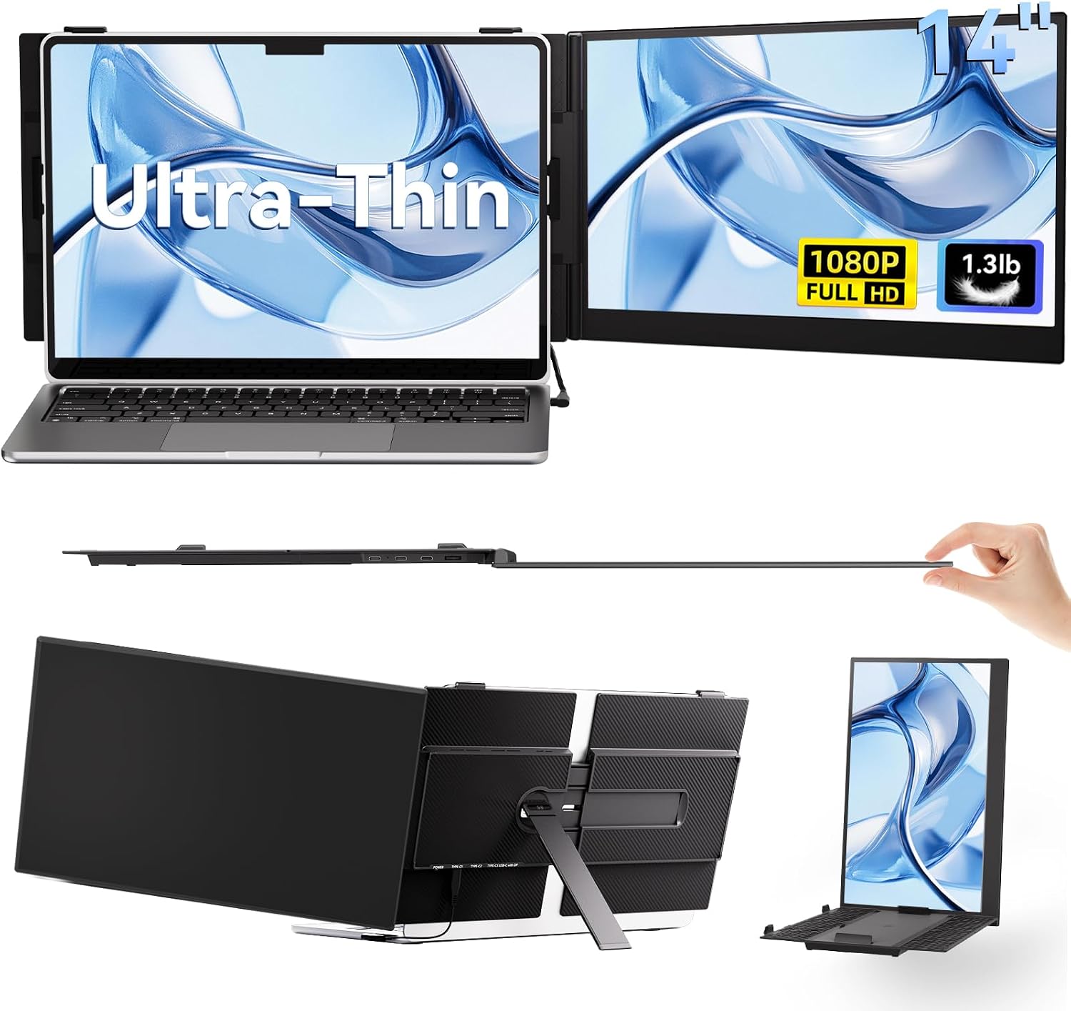 14' Laptop Screen Extender, Ultra-Thin Ligthweight FHD 1080P IPS Portable Monitor, Travel Screen for Laptops 13-17.3' USB-C/HDMI Plug and Play for Windows/Mac/Android/PS5