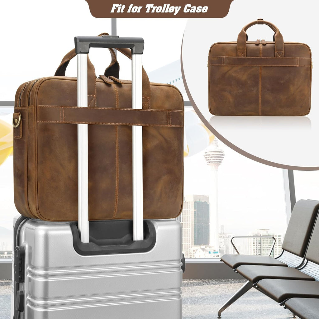 Jack&Chris Full Grain Leather Briefcase for Men, Business Messenger Bag Laptop Bag Attache Case, Fits 15.6 Inch Laptop
