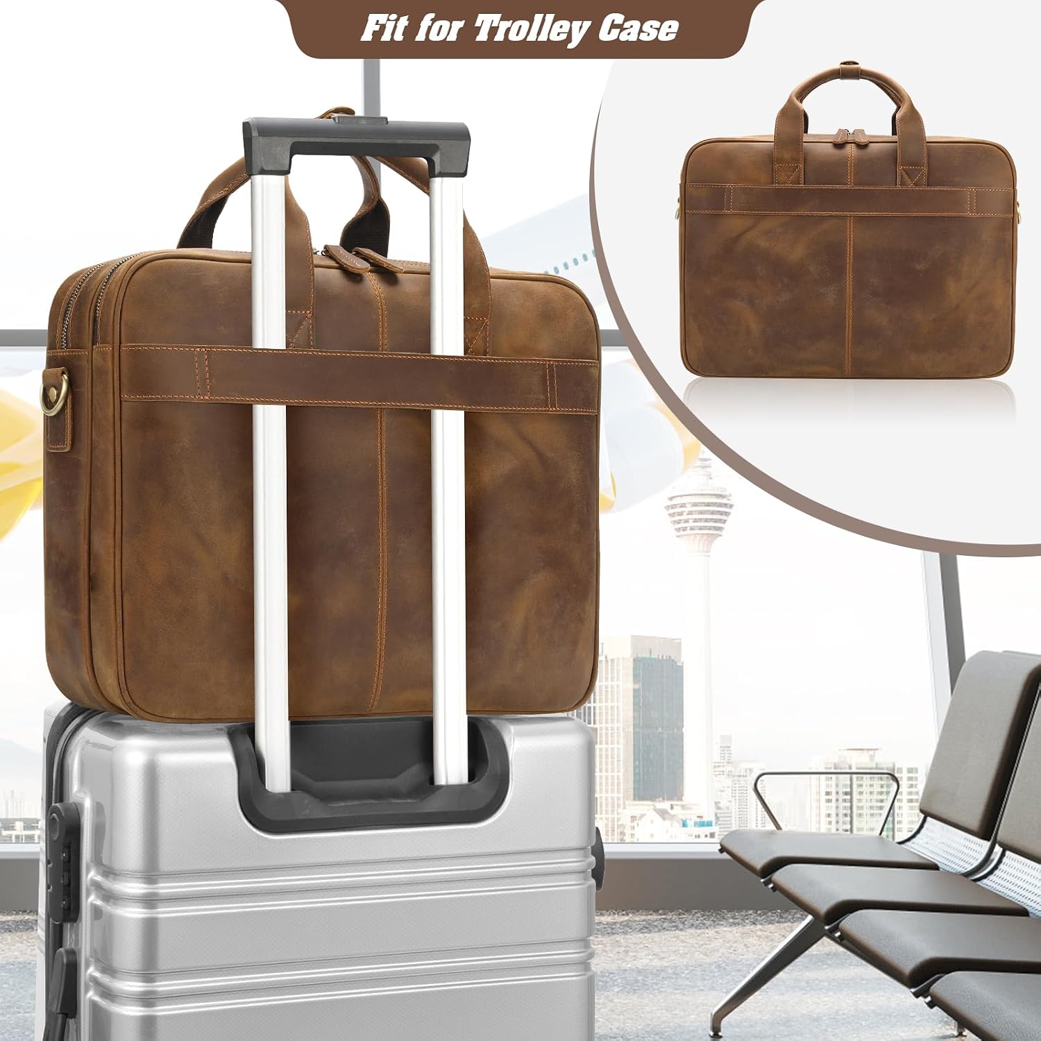 Jack&Chris Full Grain Leather Briefcase for Men, Business Messenger Bag Laptop Bag Attache Case, Fits 15.6 Inch Laptop