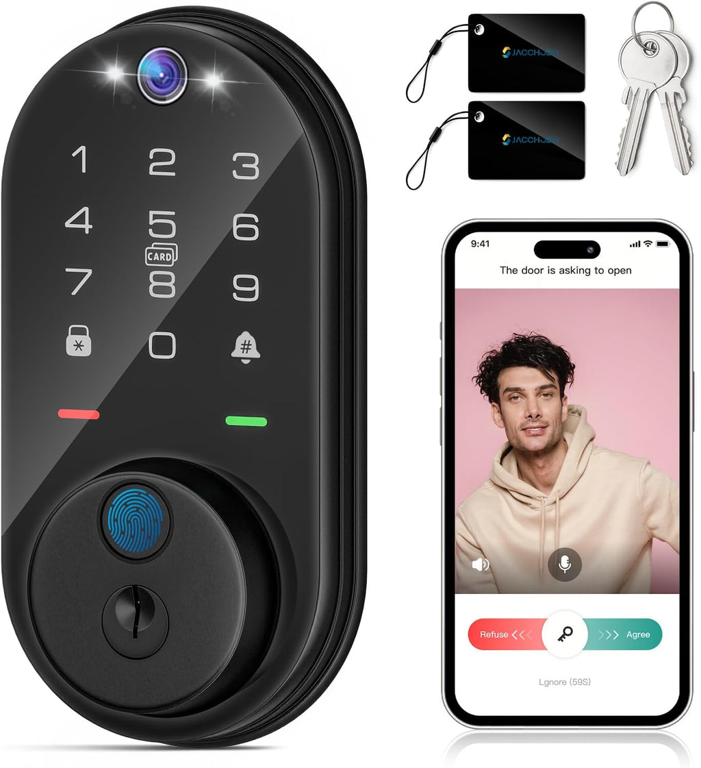 Smart Lock with Camera, Fingerprint Keyless Entry Deadbolt Lock, Built-in WiFi, Video Doorbell, Touchscreen Keypad, 2-Way Audio, Tuya APP, Waterproof, 8 AA Batteries, for Front Door