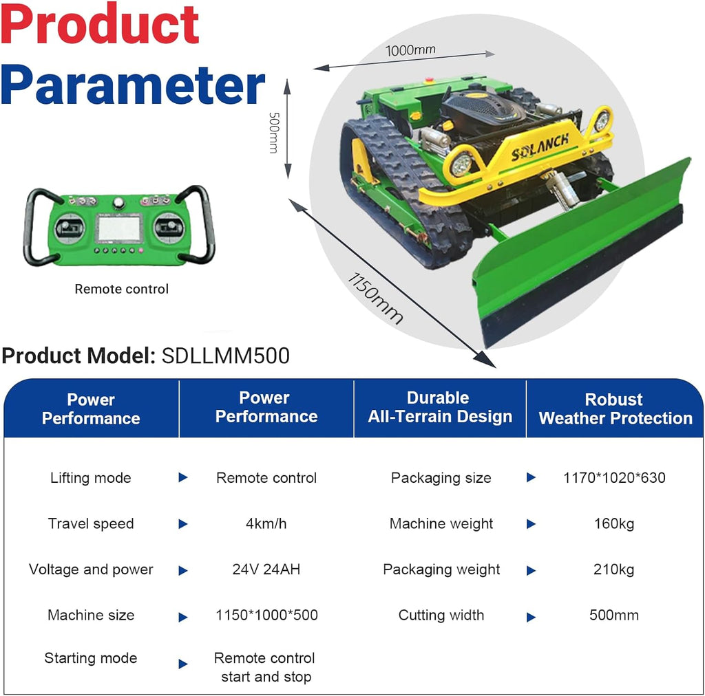 SDLLMM500 Remote Control Slope Lawn Mower, 24V Battery Powered, 500mm Cutting Width, All-Terrain Design, 4km/h Speed, Green and Yellow