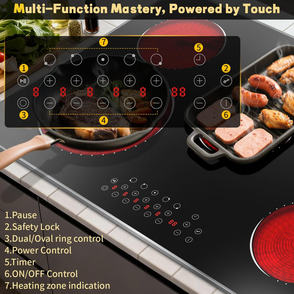 Hobsir 30 Inch Electric Cooktop, 5 Burners Cooktop, Electric Stove Top Burner, 8400W Drop-in Ceramic Stove Cooktops with Glass Metal Frame, Timer, Safety Lock, 220-240V, Hard Wired (No Plug) Cooktops