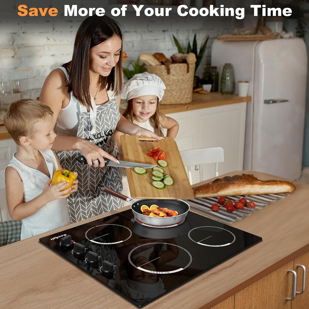 Electric Cooktop 24 Inch - 4 Burner Built-in Electric Stove Top 6000W, Radiant Electrical Stovetop with 9 Heating Level, Knob Control, Auto Shut Off Protection, 220-240V Hard Wired (No Plug)