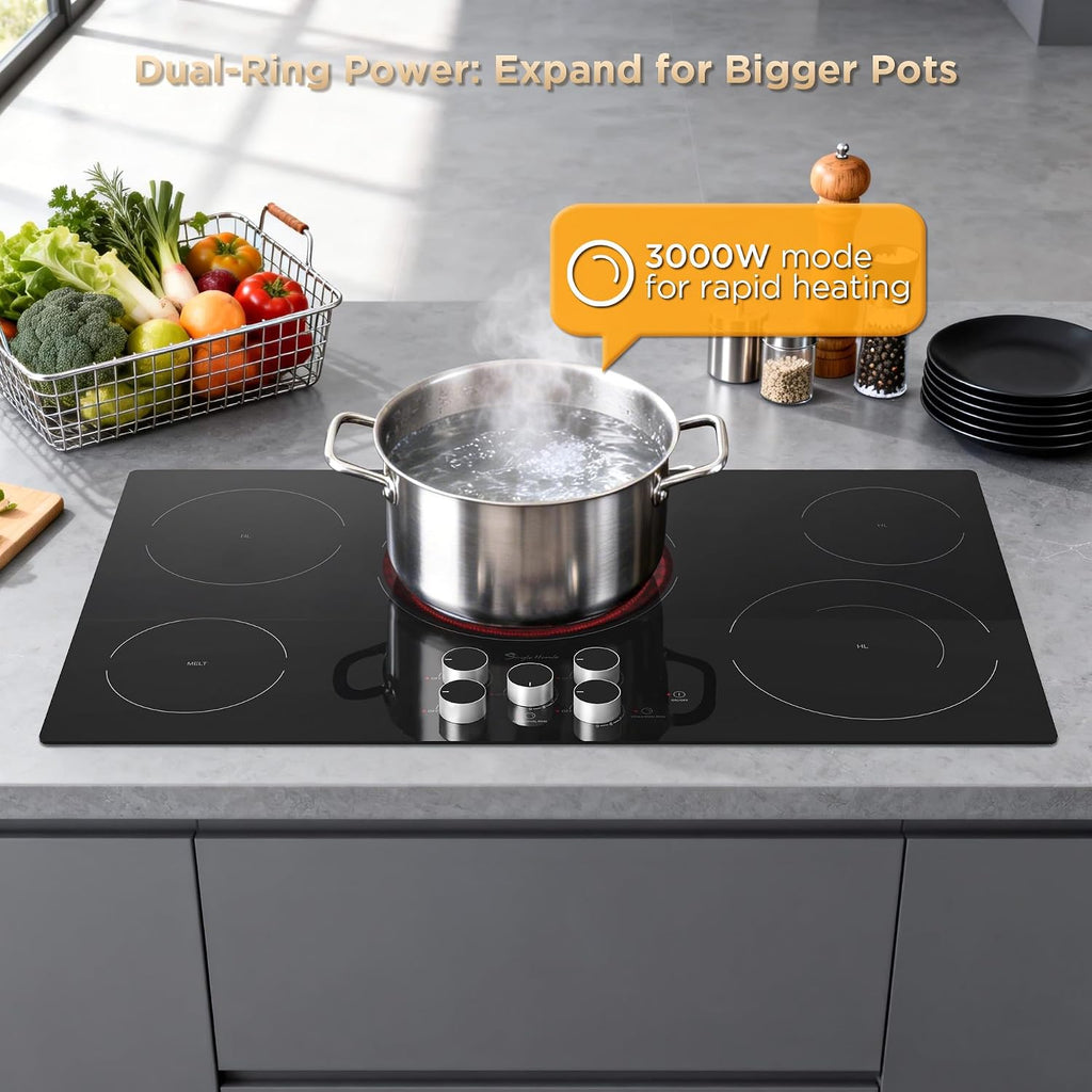 36 Inch Electric Cooktop 5 Burners, Electric Stove Top with Knob Control, Built-in Ceramic Stove, Fast Heat, 9 Heating Level, 9000W with Hard Wire for 220V~240V