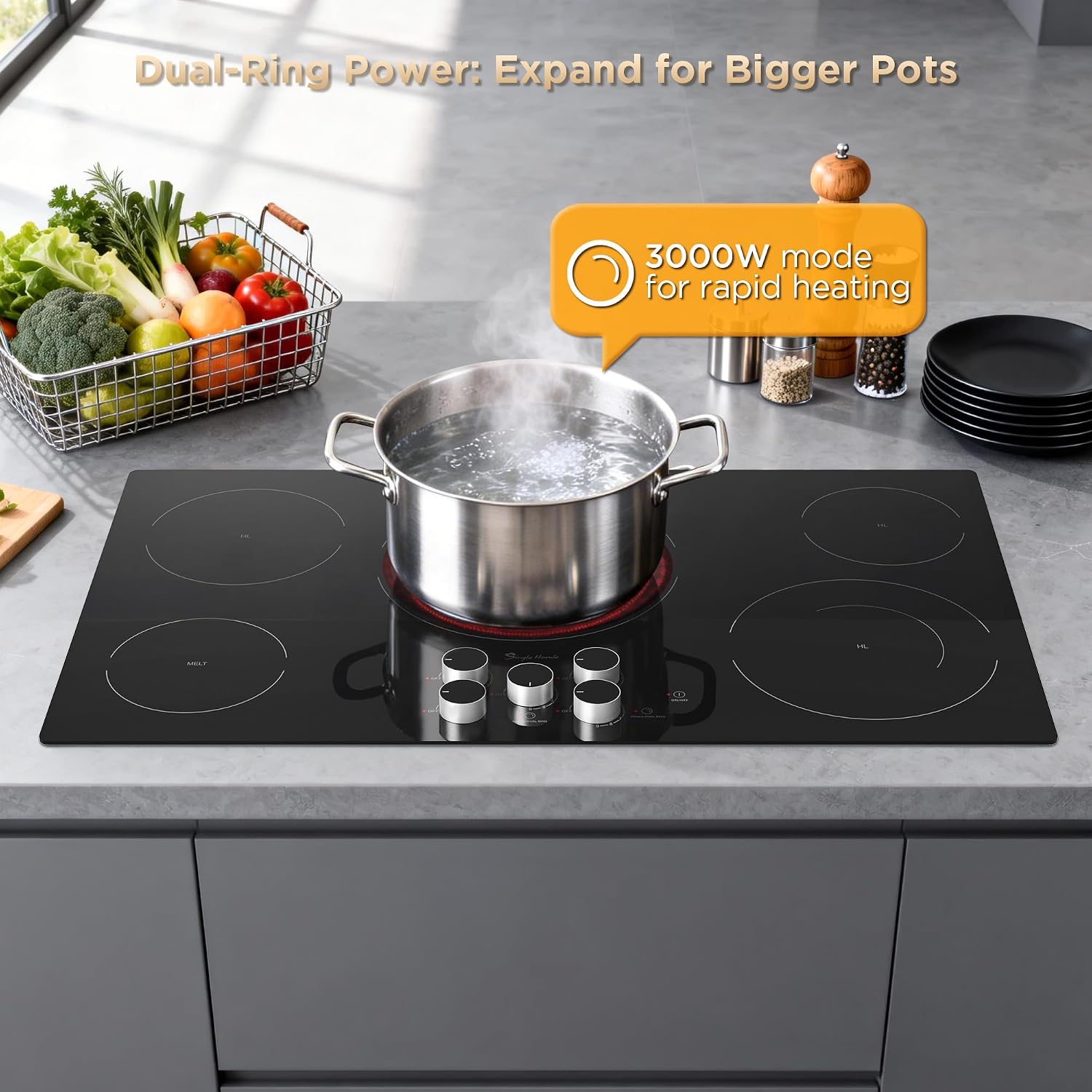 36 Inch Electric Cooktop 5 Burners, Electric Stove Top with Knob Control, Built-in Ceramic Stove, Fast Heat, 9 Heating Level, 9000W with Hard Wire for 220V~240V
