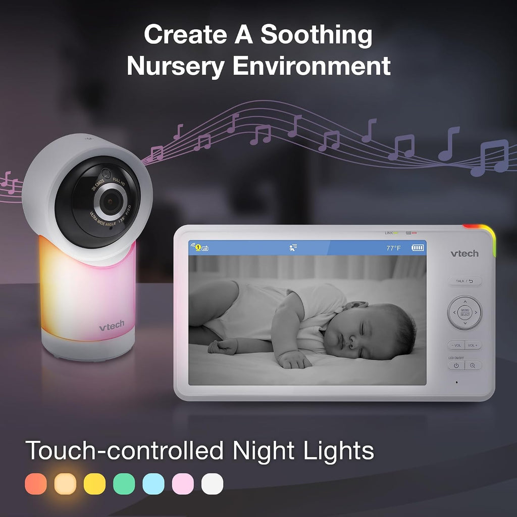 VTech Smart WiFi 7' HD Display Video Baby Monitor, 1080p HD Camera via App, Pan-Tilt-Zoom, Night Light, 2-Way Talk, 2K CMOS Video Sensor, Wide-Angle Viewing, Rechargeable Battery, Free App: RM7866HD