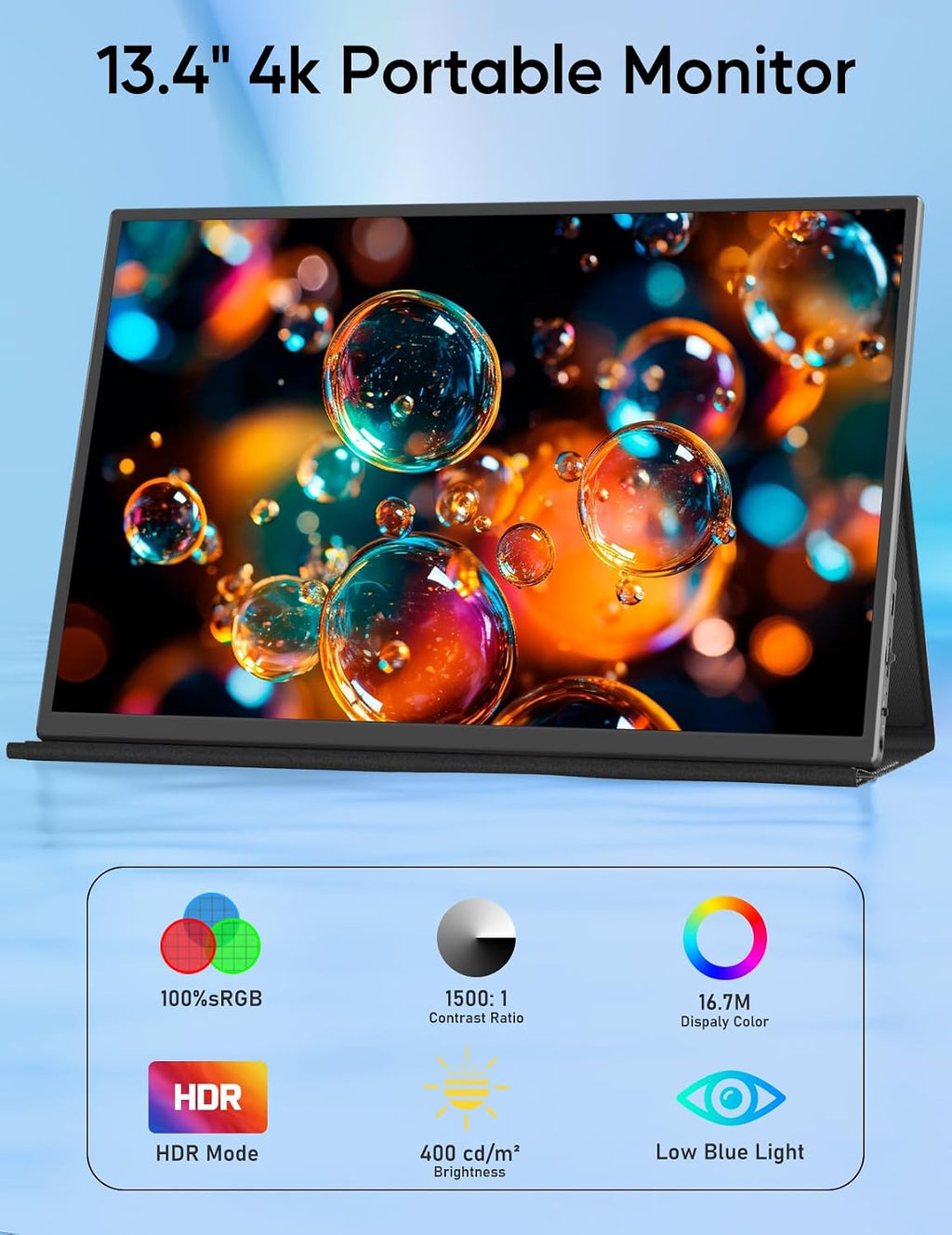 4K Portable Monitor, 13.4' 3840 * 2400 IPS Portable Monitor for Laptop, Slim Lightweight HDR Travel Screen USB-C HDMI w/Smart Cover for Laptop PS5/4 Xbox